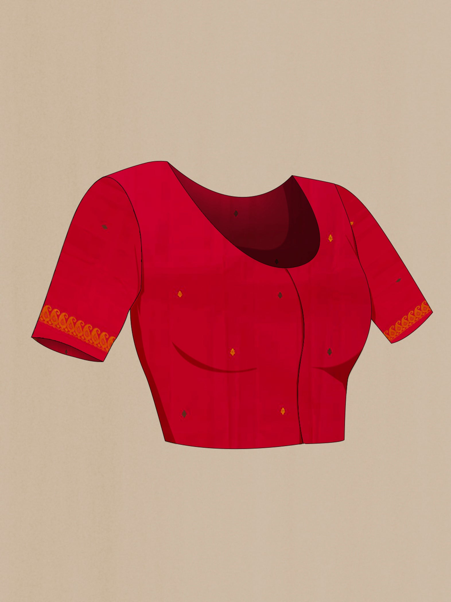 Close up image of the blouse of Red Kanjivaram Silk Saree with Embroidery on the body and Plain Border. 