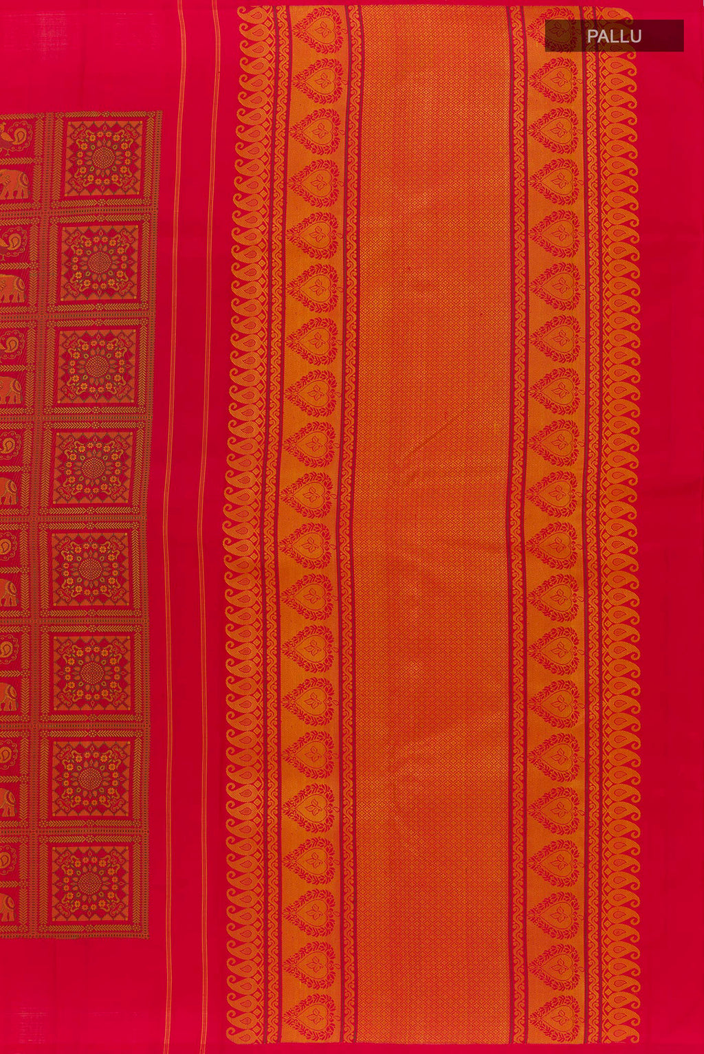 Close up image of the pallu of Red Kanjivaram Silk Saree with Embroidery on the body and Plain Border. 