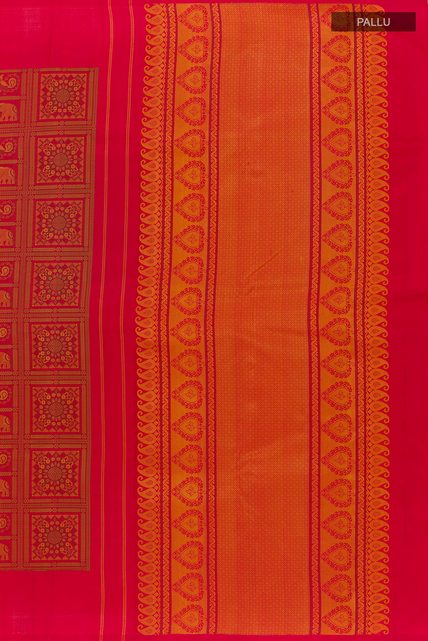 Close up image of the pallu of Red Kanjivaram Silk Saree with Embroidery on the body and Plain Border. 