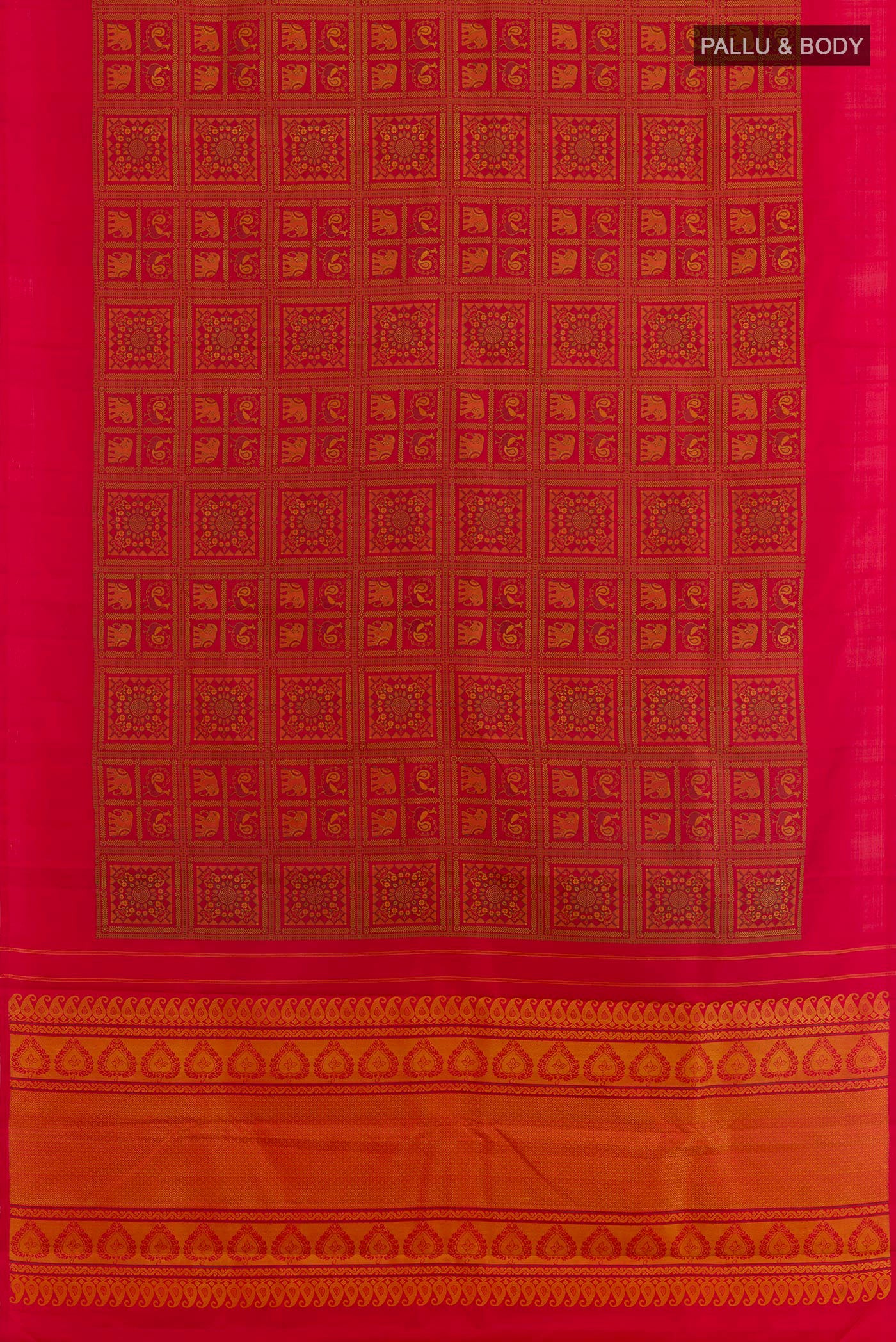 Flat view of Red Kanjivaram Silk Saree with Embroidery on the body and Plain Border. 