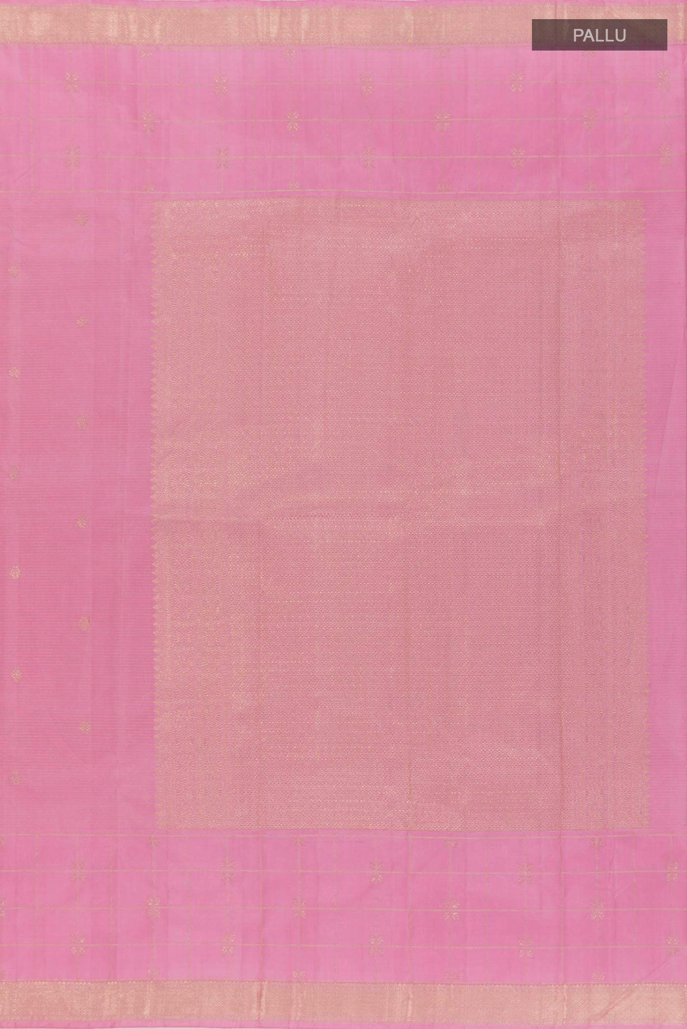 Close up image of the pallu of Pink Kanjivaram Silk Saree with Zari Butta on the body and Zari Border. 