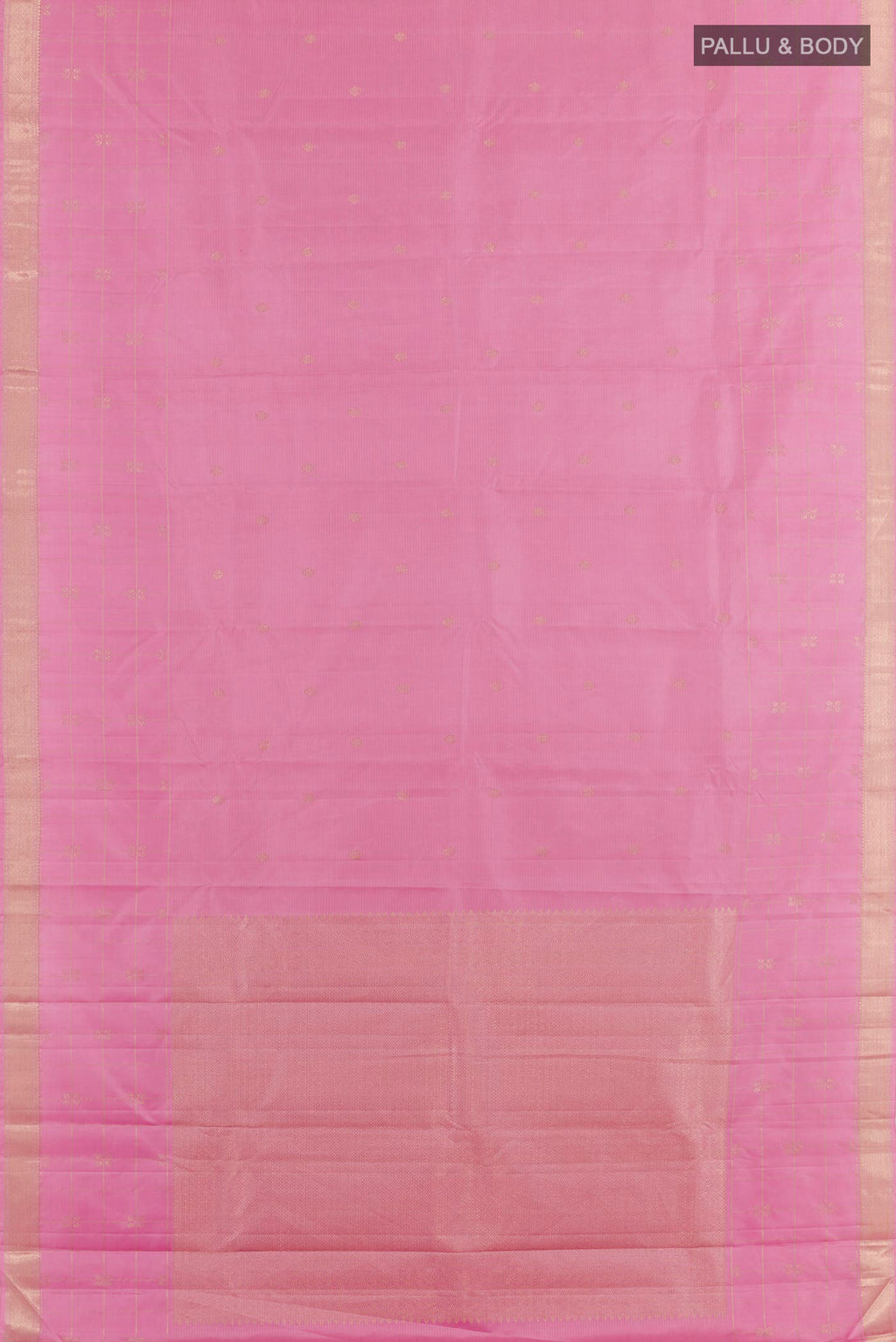 Flat view of Pink Kanjivaram Silk Saree with Zari Butta on the body and Zari Border. 