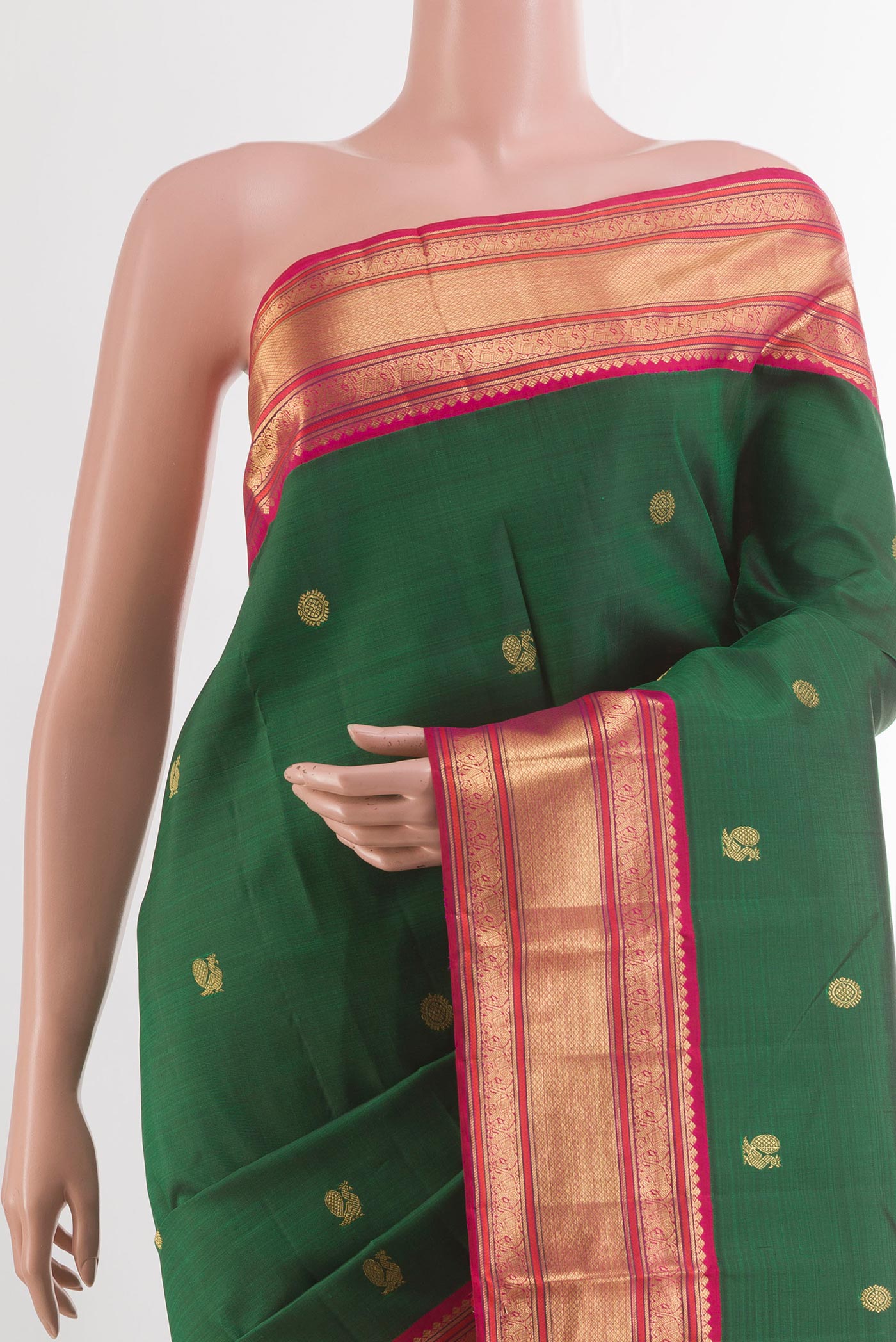 Border image of Green Kanjivaram Silk Saree with Zari Butta on the body and Zari Border. 