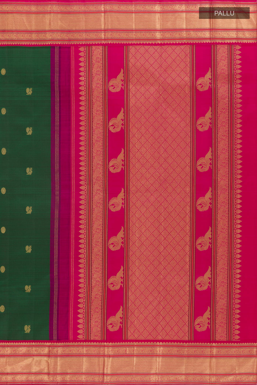 Close up image of the pallu of Green Kanjivaram Silk Saree with Zari Butta on the body and Zari Border. 