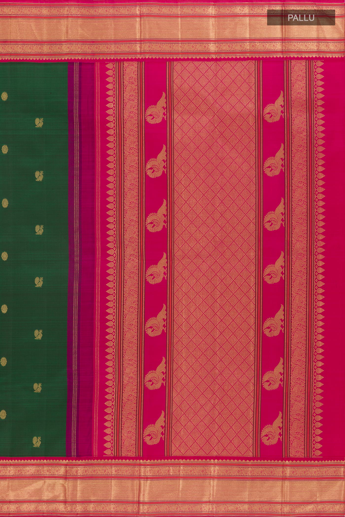 Close up image of the pallu of Green Kanjivaram Silk Saree with Zari Butta on the body and Zari Border. 