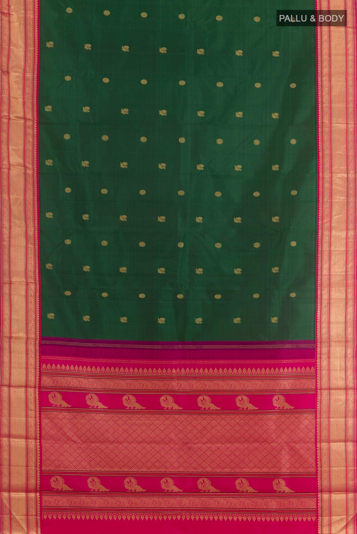 Flat view of Green Kanjivaram Silk Saree with Zari Butta on the body and Zari Border. 