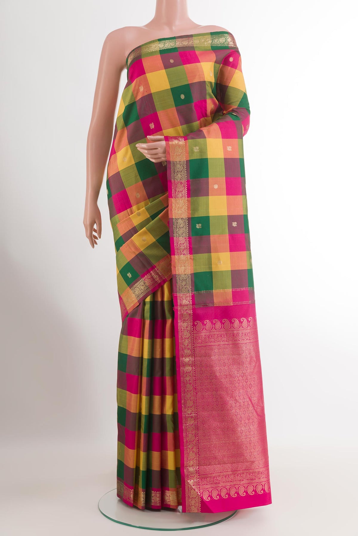 Multi Color Kanjivaram Silk Saree with Checked design on the body and Zari Border.  displayed on a mannequin