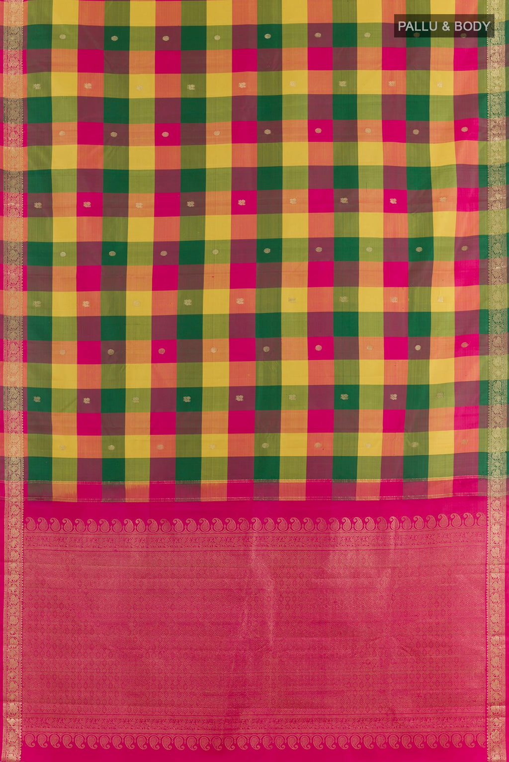 Flat view of Multi Color Kanjivaram Silk Saree with Checked design on the body and Zari Border. 
