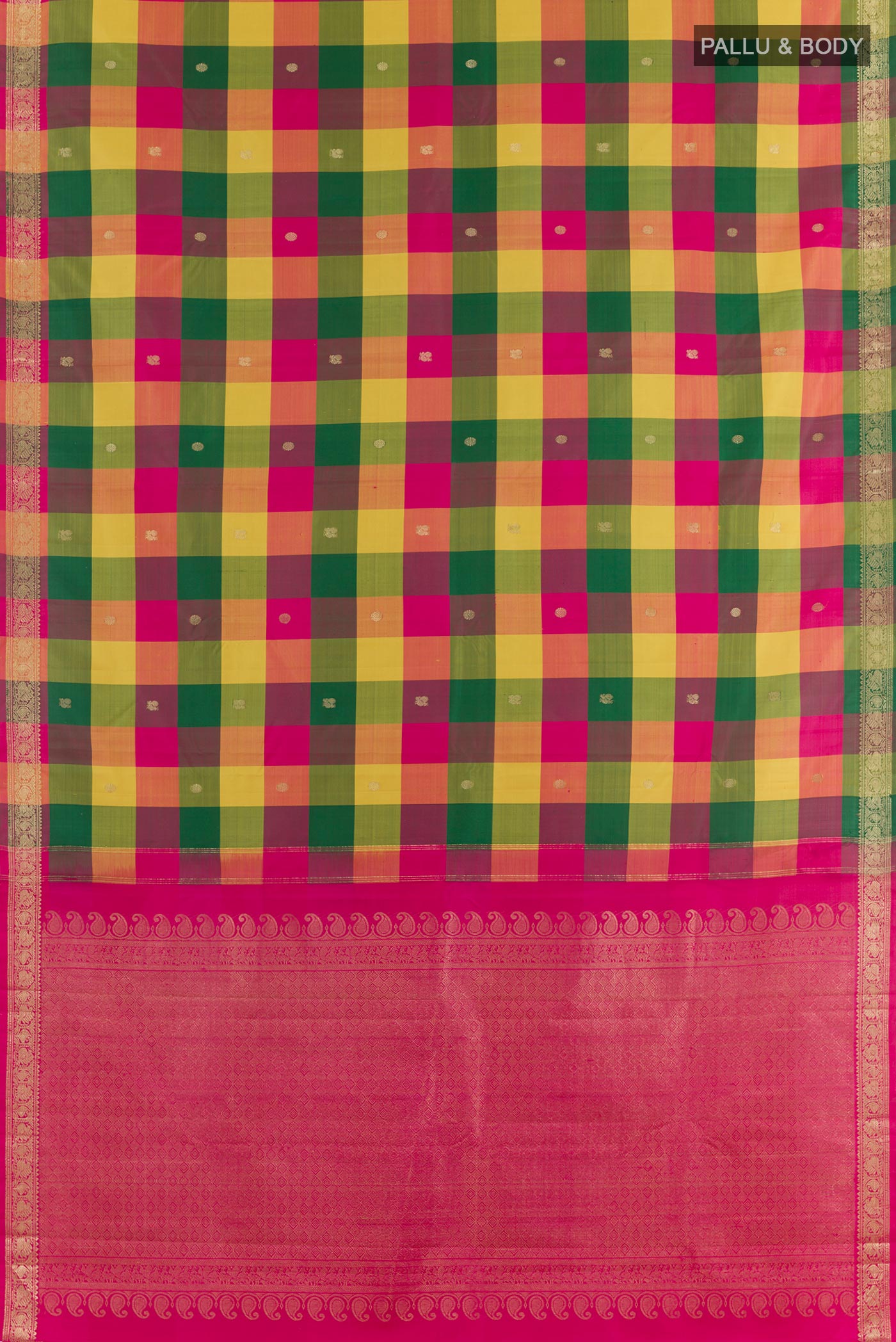Flat view of Multi Color Kanjivaram Silk Saree with Checked design on the body and Zari Border. 