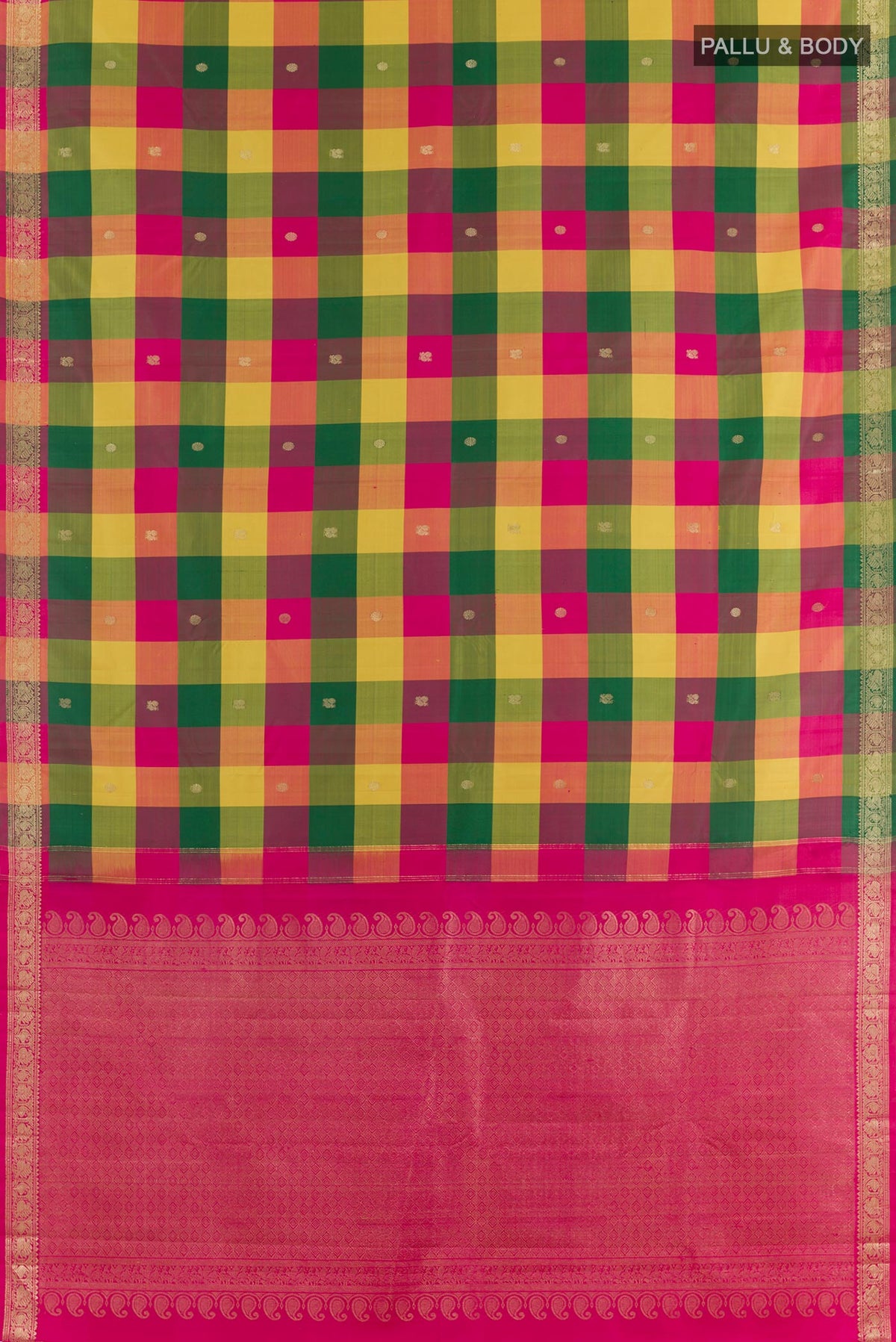 Flat view of Multi Color Kanjivaram Silk Saree with Checked design on the body and Zari Border. 