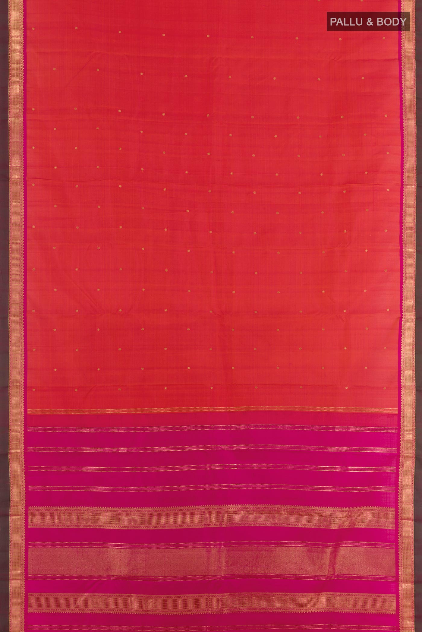 Flat view of Red Kanchipuram Silk Saree with Zari Butta on the body and Zari Border. 
