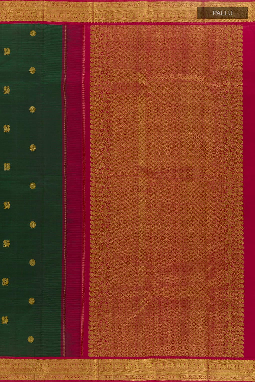 Close up image of the pallu of Bottle Green Kanjivaram Silk Saree with Zari Butta on the body and Zari Border. 