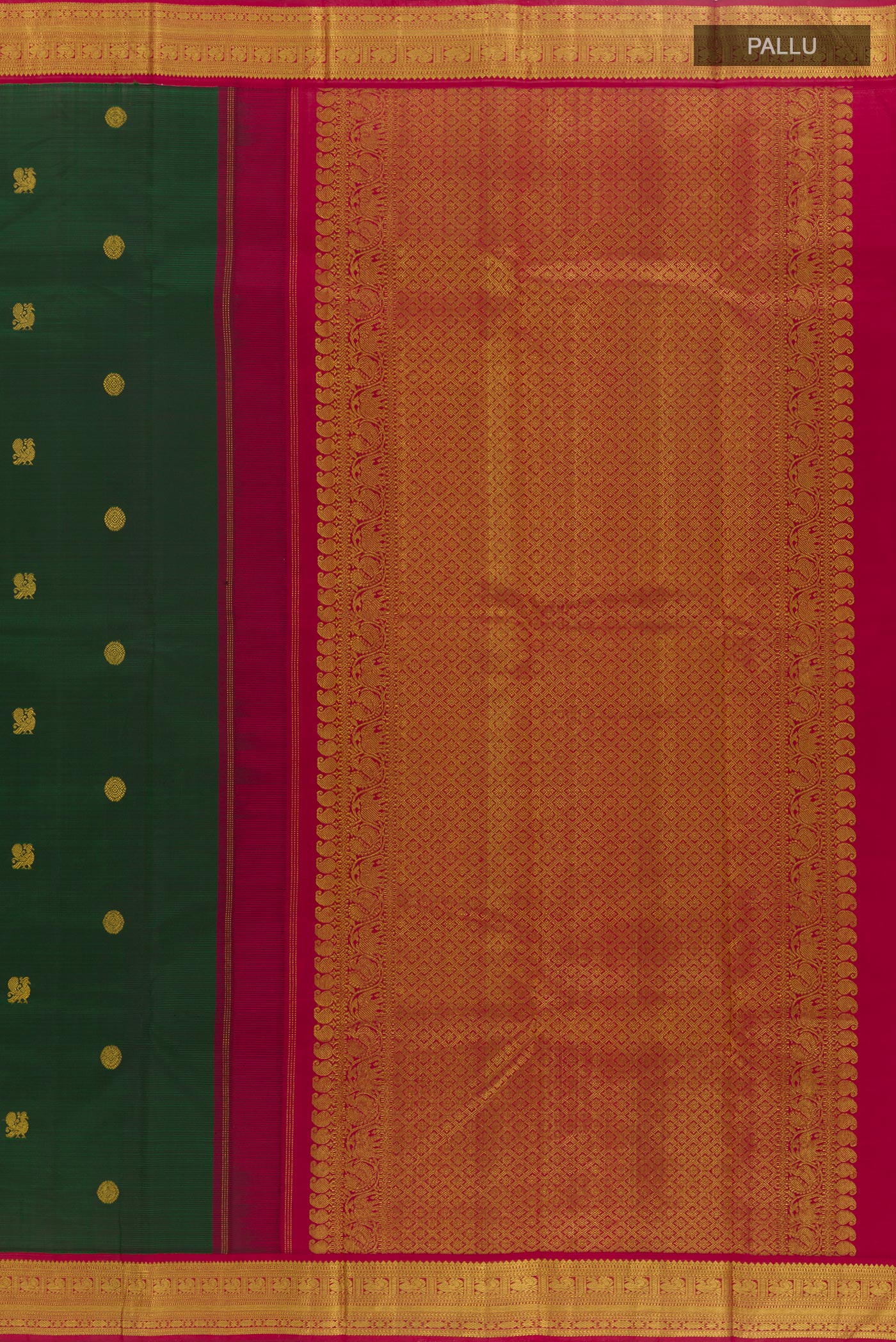 Close up image of the pallu of Bottle Green Kanjivaram Silk Saree with Zari Butta on the body and Zari Border. 