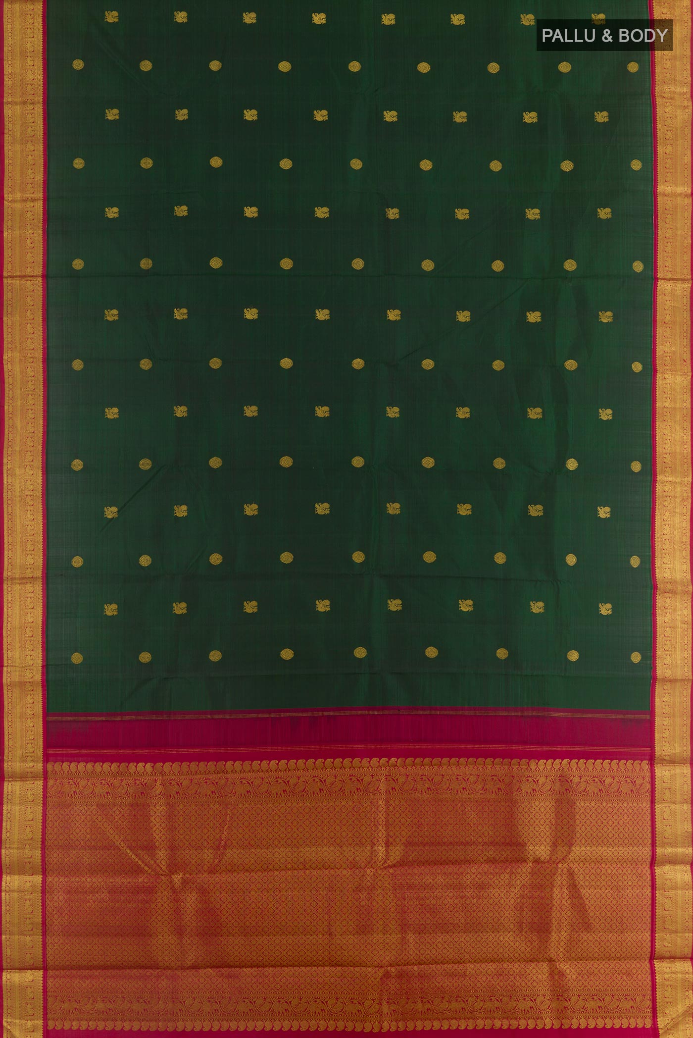 Flat view of Bottle Green Kanjivaram Silk Saree with Zari Butta on the body and Zari Border. 