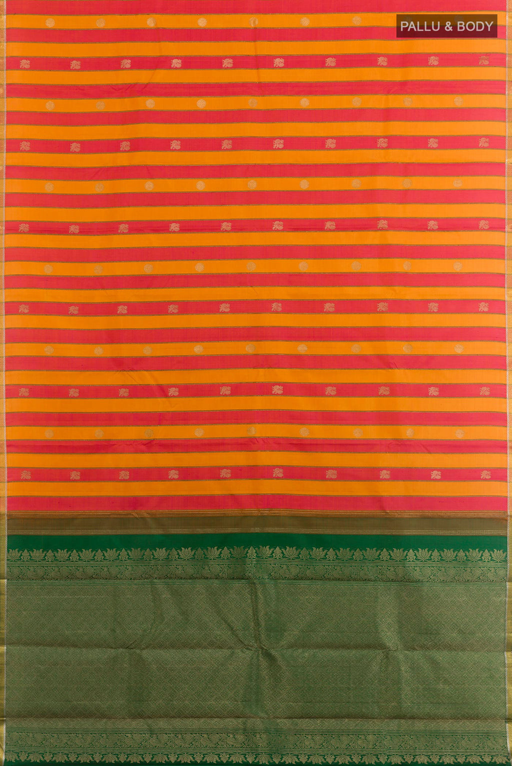 Flat view of Orange Kanjivaram Silk Saree with Stripes on the body and Zari Border. 
