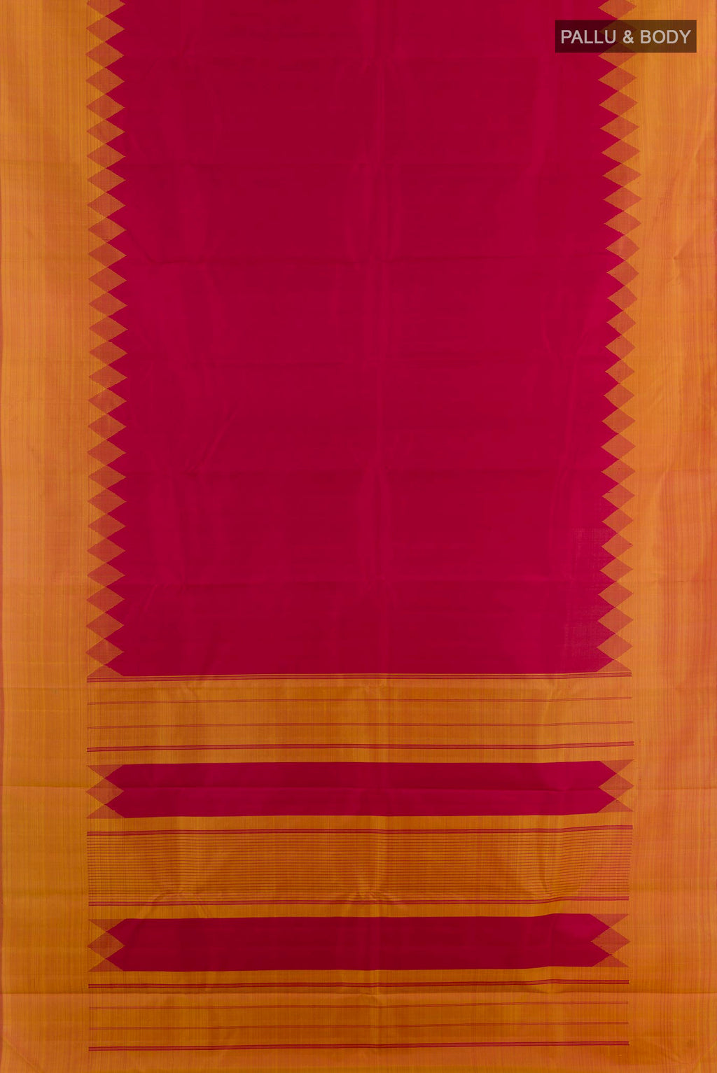 Flat view of Red Kanjivaram Silk Saree with Zari Butta on the body and Zari Border. 