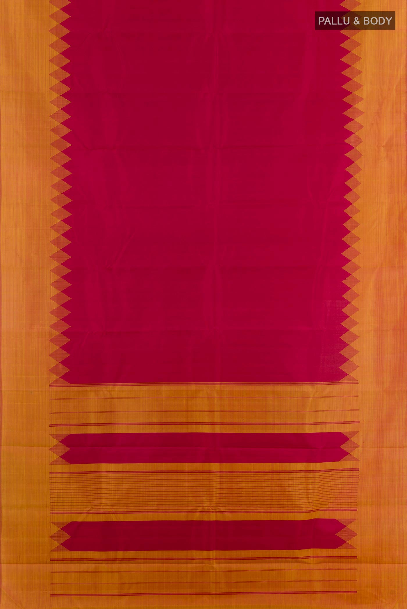 Flat view of Red Kanjivaram Silk Saree with Zari Butta on the body and Zari Border. 