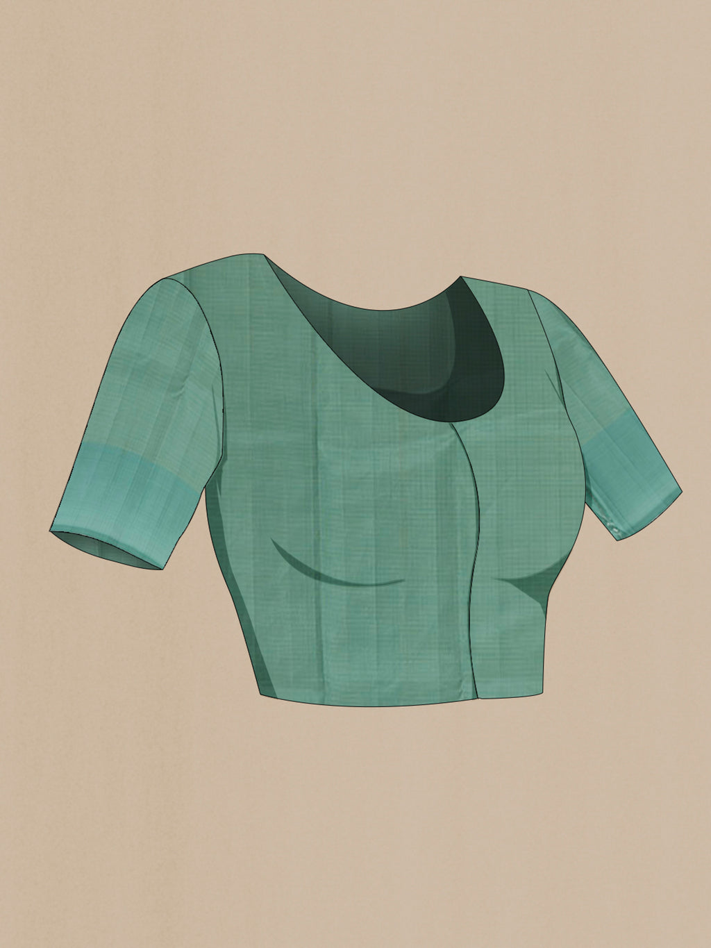 Close up image of the blouse of Sage Green Kanchipuram Silk Saree with Zari Butta on the body and Zari Border. 