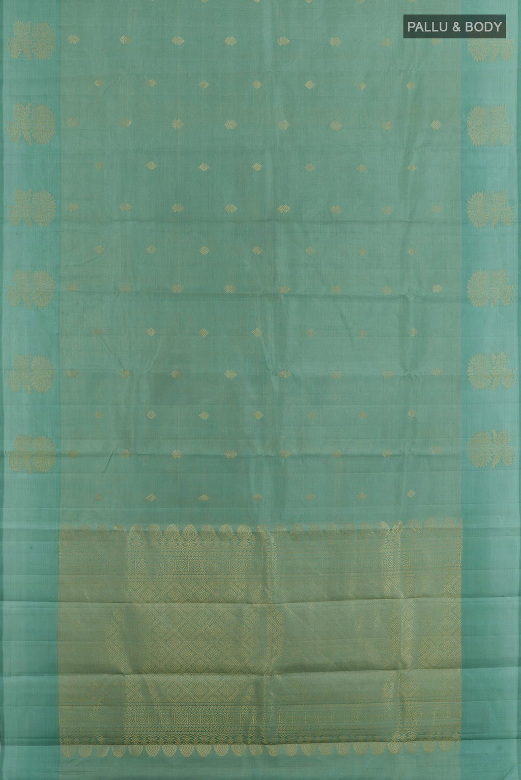 Flat view of Sage Green Kanchipuram Silk Saree with Zari Butta on the body and Zari Border. 