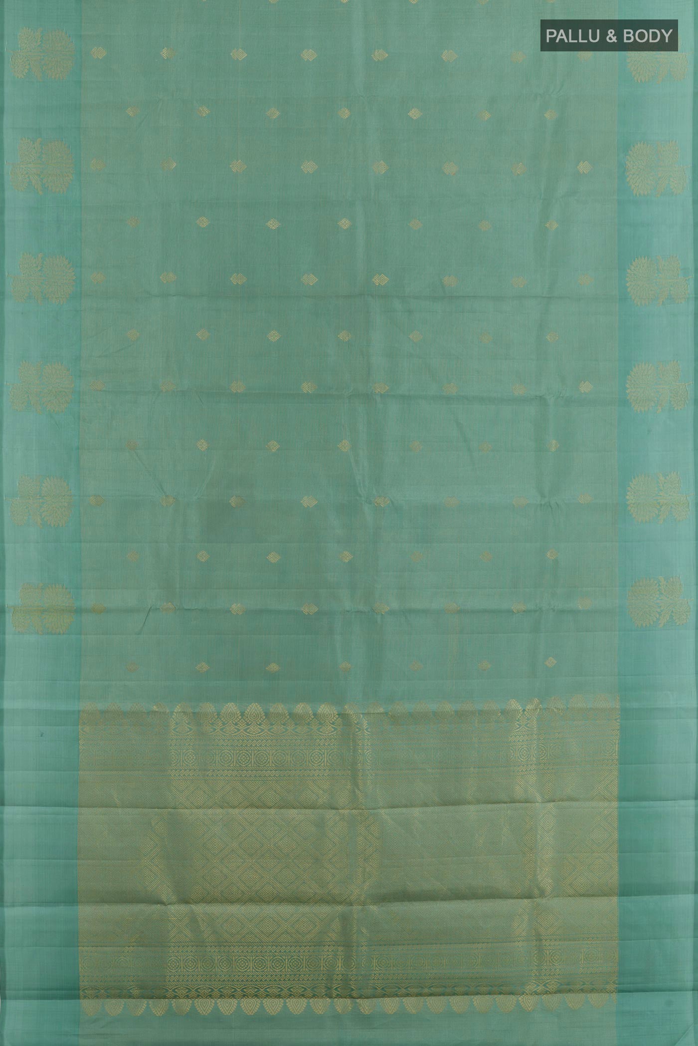 Flat view of Sage Green Kanchipuram Silk Saree with Zari Butta on the body and Zari Border. 