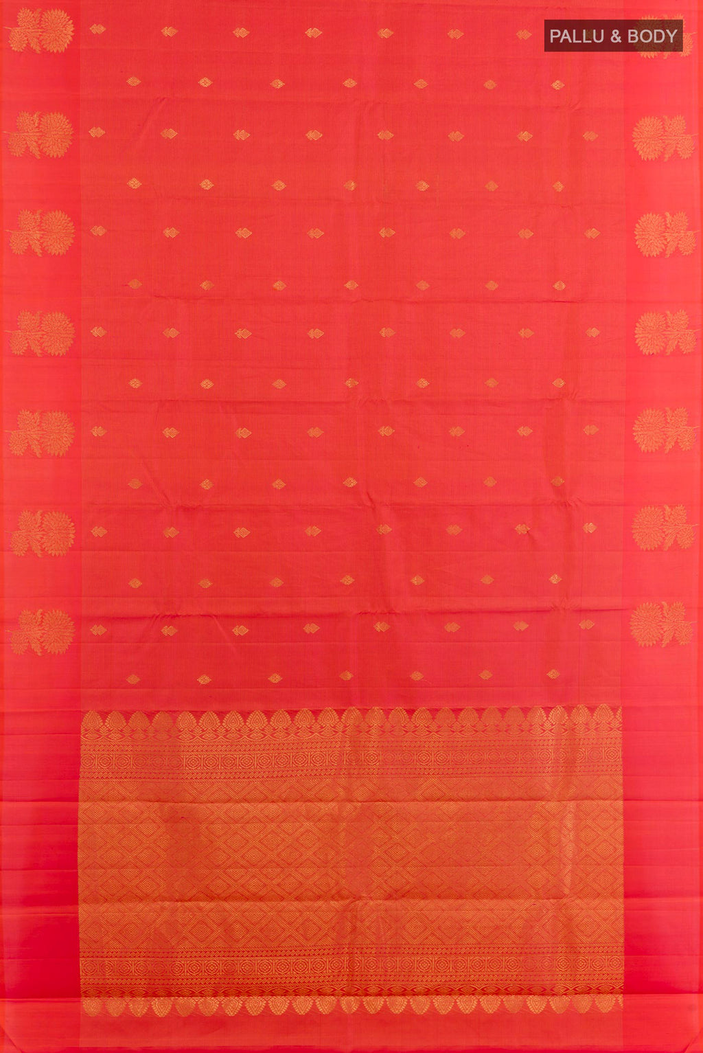 Flat view of Pink Kanchipuram Silk Saree with Checked design on the body and Zari Border. 