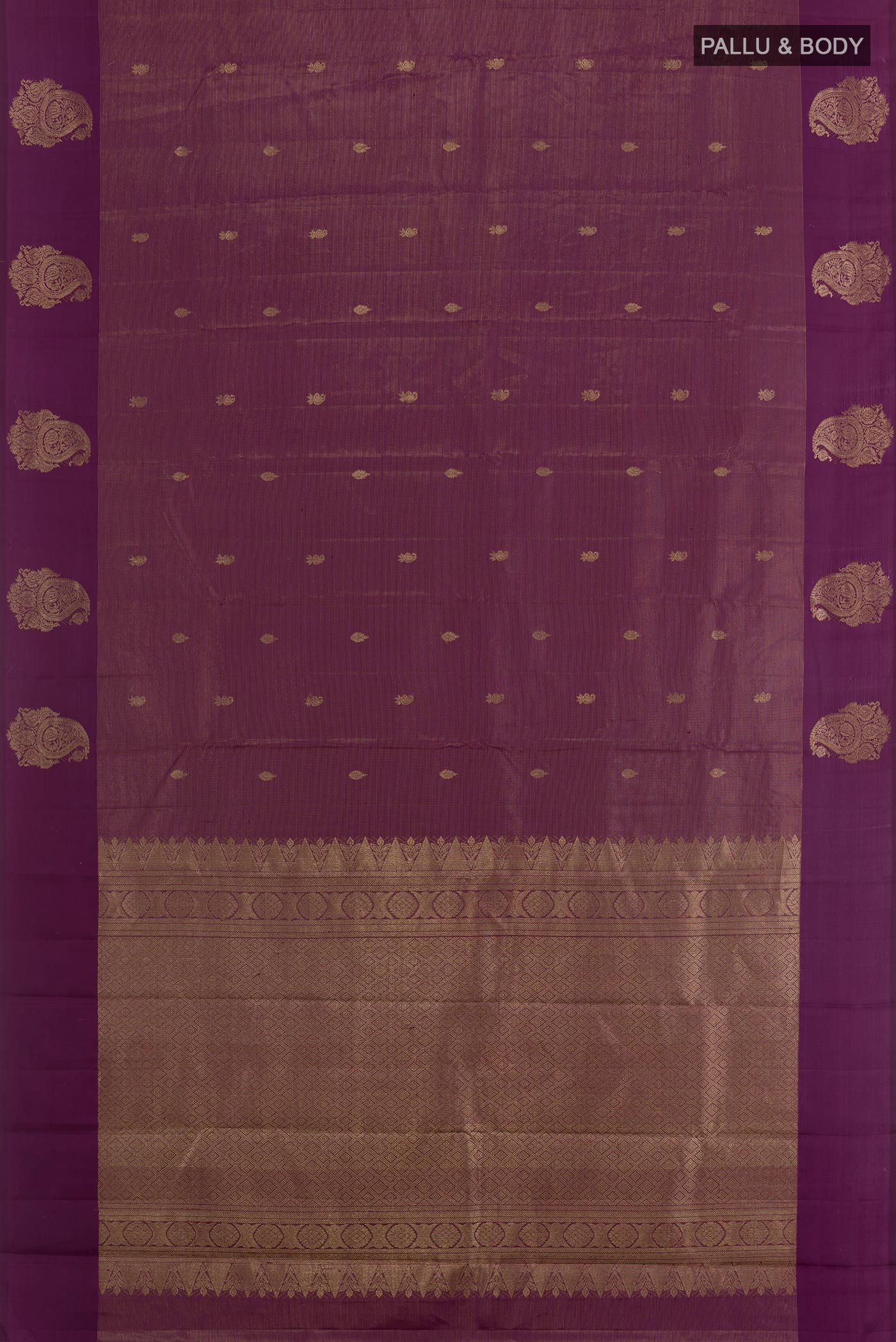 Flat view of Purple Kanchipuram Silk Saree with Zari Butta on the body and Zari Border. 