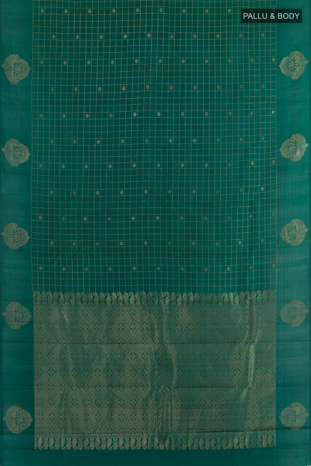 Flat view of Green Kanchipuram Silk Saree with Checked design on the body and Zari Border. 