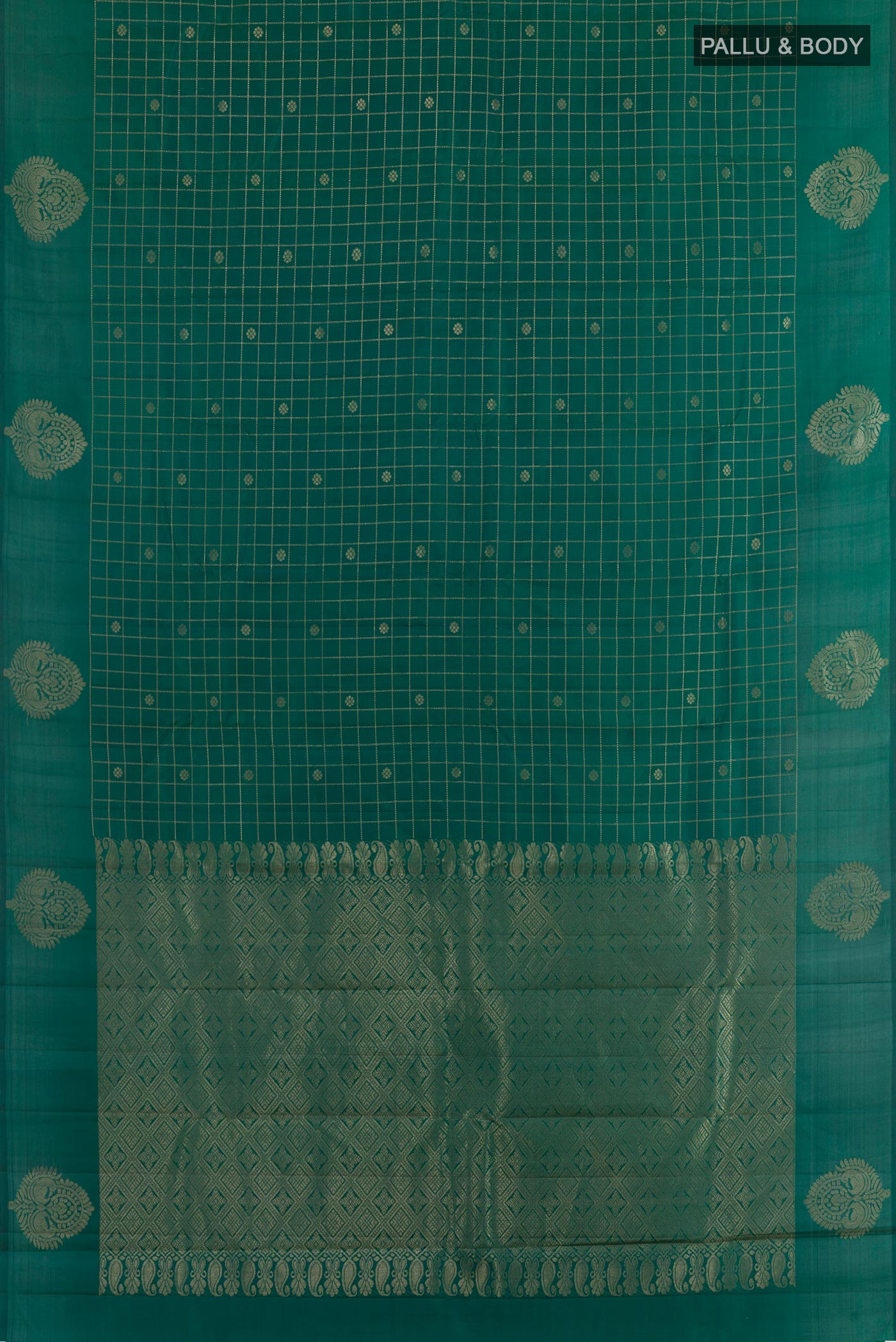 Flat view of Green Kanchipuram Silk Saree with Checked design on the body and Zari Border. 