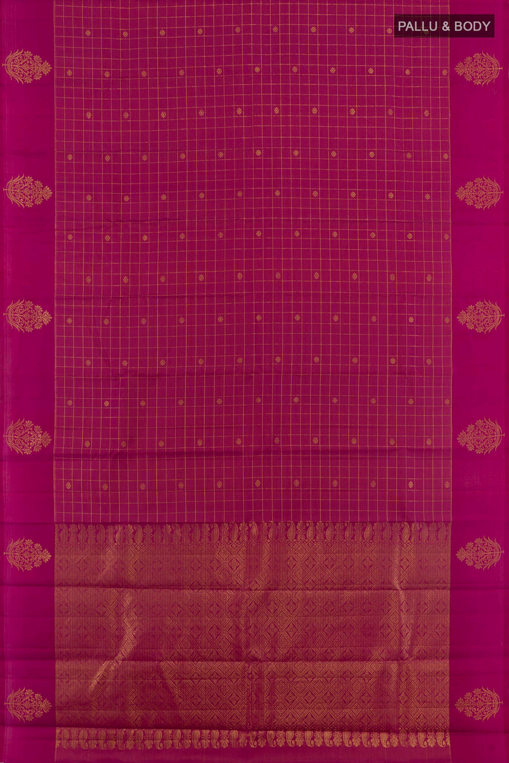 Flat view of Purple Kanjivaram Silk Saree with Zari Brocade on the body and Zari Border. 