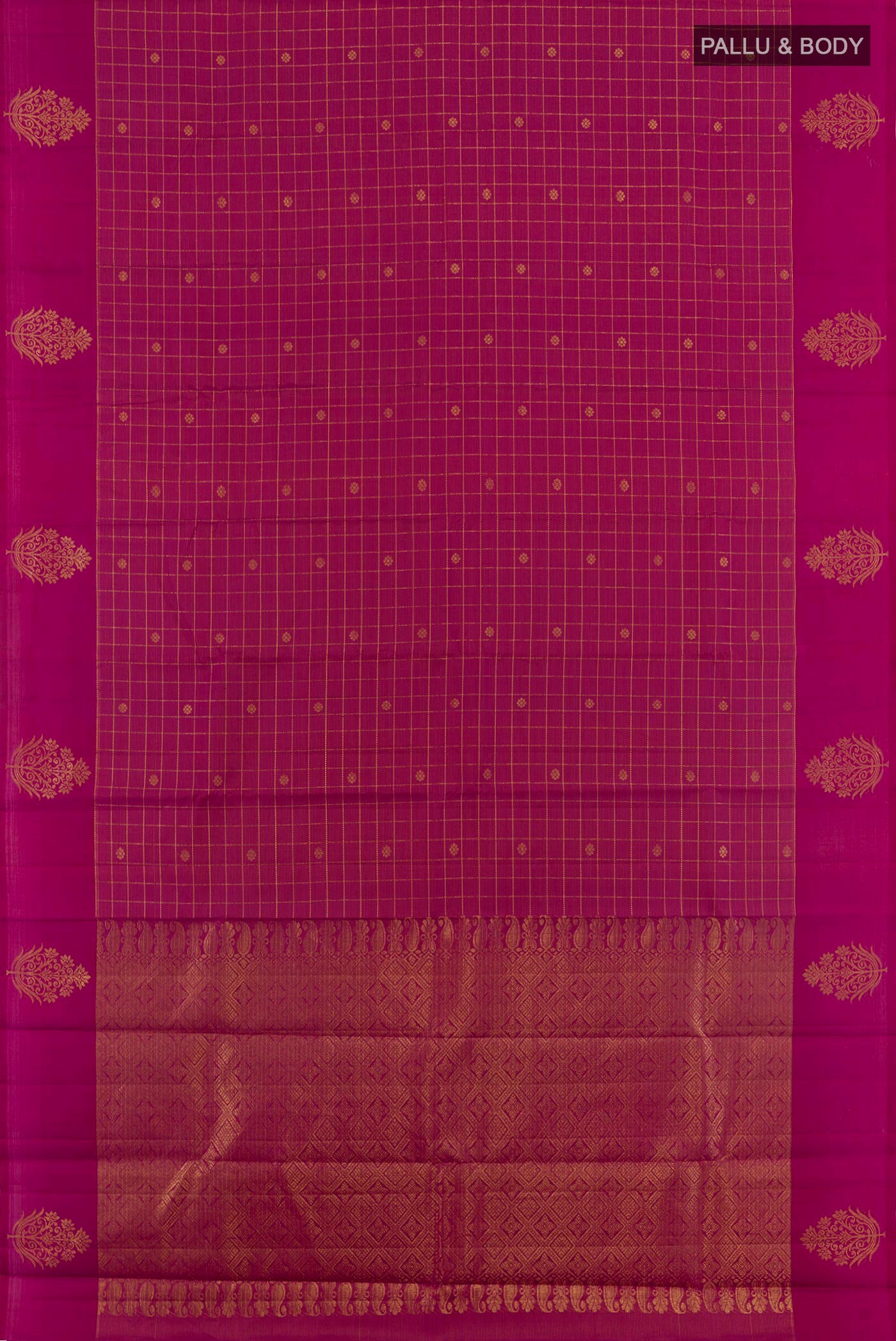 Flat view of Purple Kanjivaram Silk Saree with Zari Brocade on the body and Zari Border. 