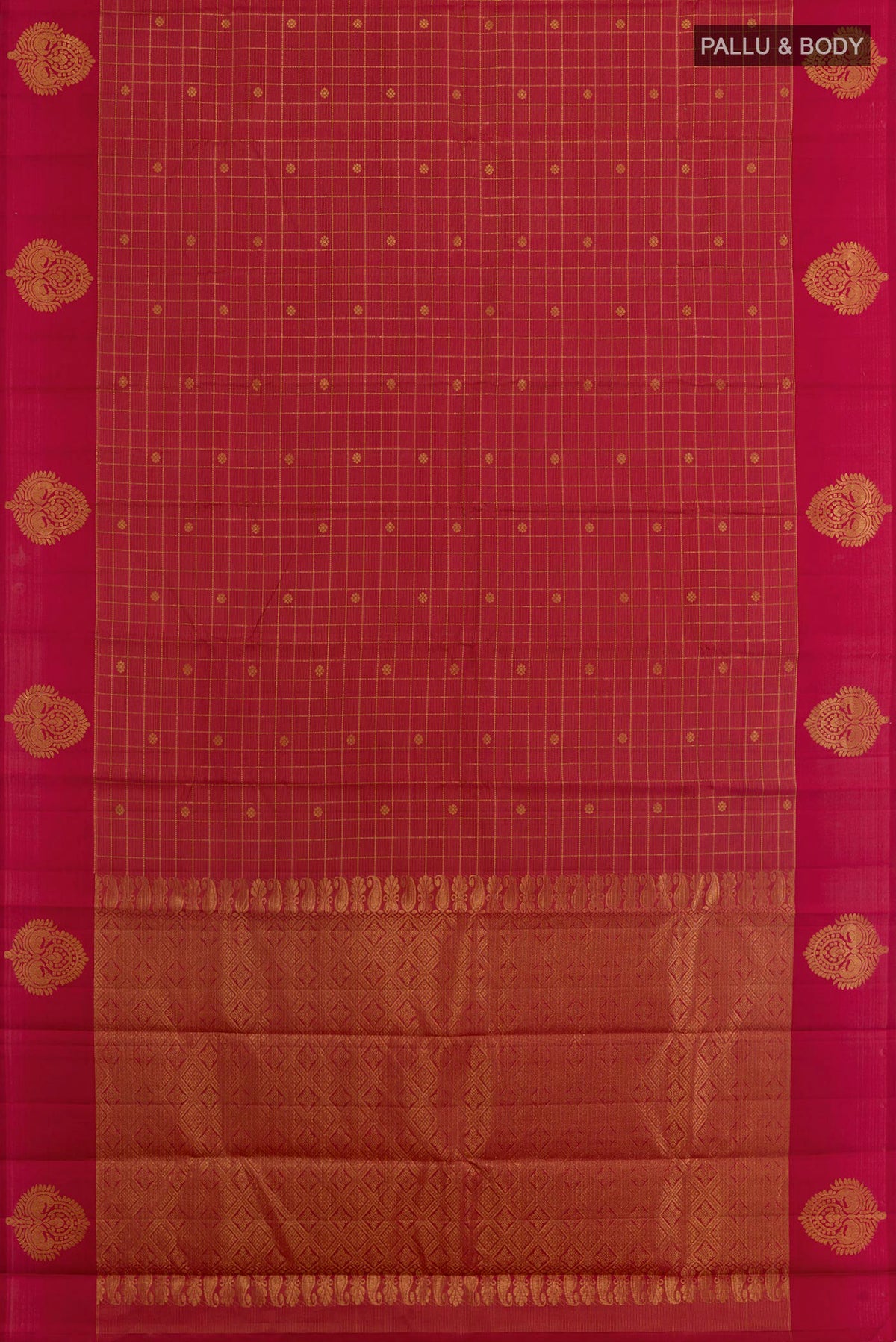 Flat view of Maroon Kanjivaram Silk Saree with Checked design on the body and Zari Border. 