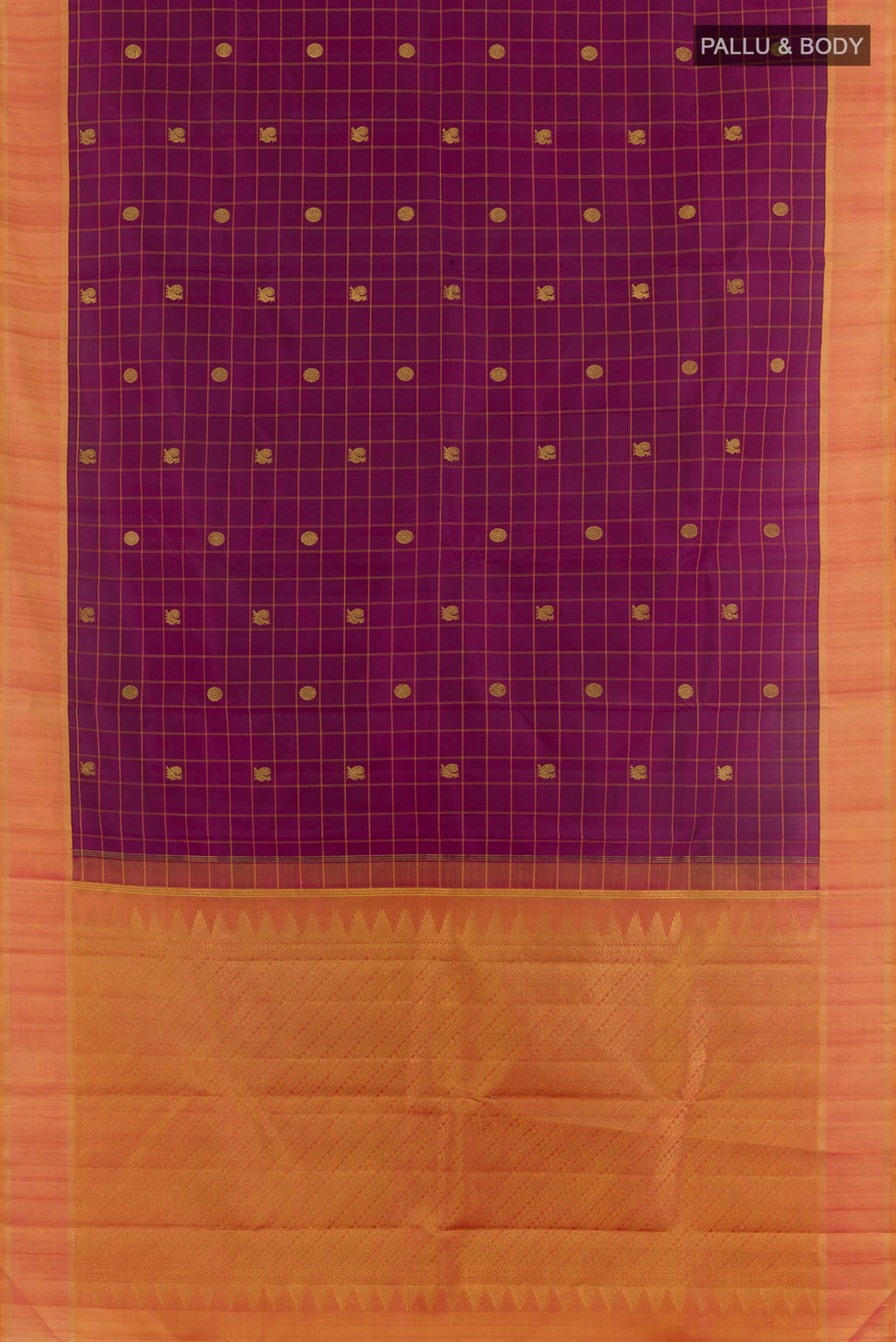 Flat view of Purple Kanchipuram Silk Saree with Checked design on the body and Zari Border. 