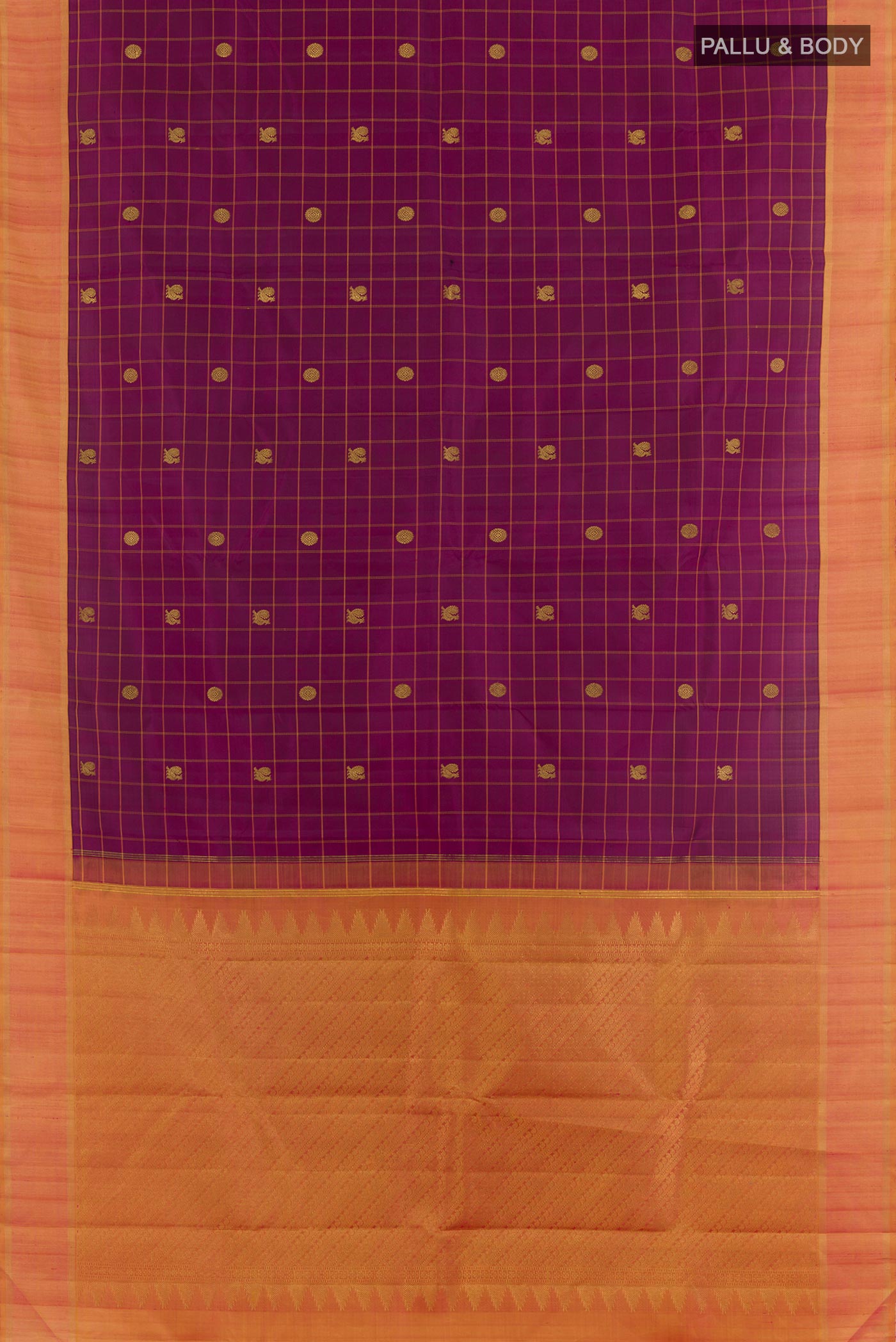 Flat view of Purple Kanchipuram Silk Saree with Checked design on the body and Zari Border. 