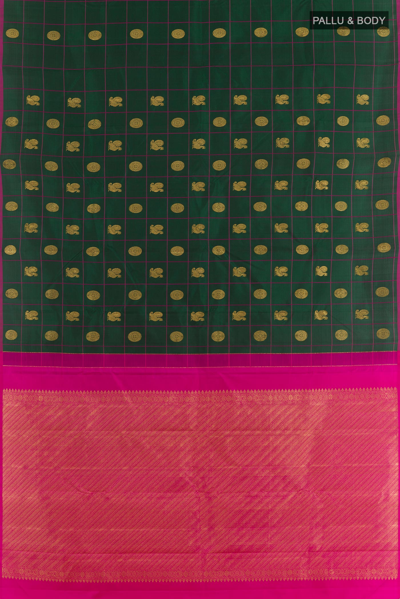 Flat view of Green Kanchipuram Silk Saree with Zari Butta on the body and Zari Border. 