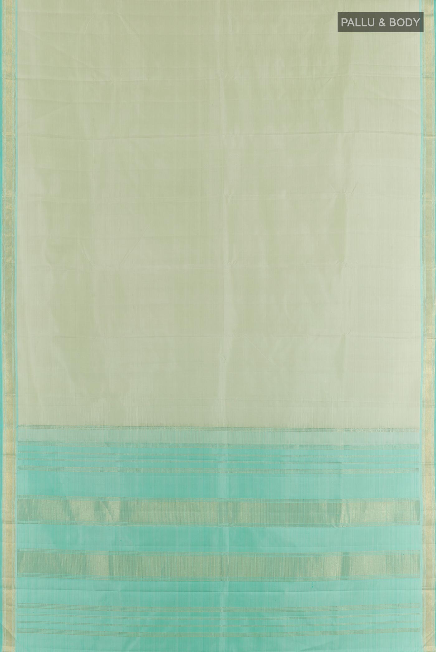 Flat view of Mint Green Kanjivaram Silk Saree with Plain Body and Zari Border. 