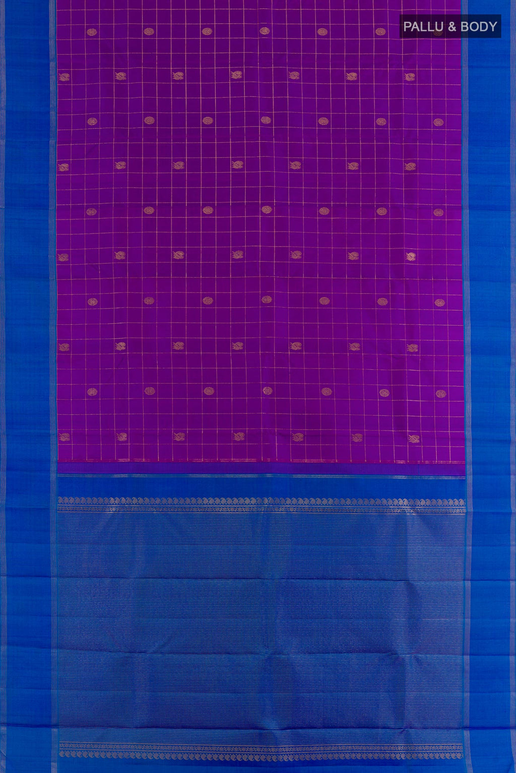 Flat view of Purple Kanchipuram Silk Saree with Checked design on the body and Zari Border. 