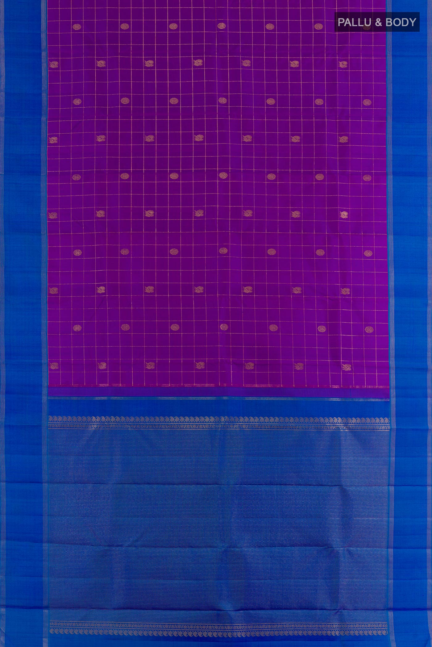 Flat view of Purple Kanchipuram Silk Saree with Checked design on the body and Zari Border. 