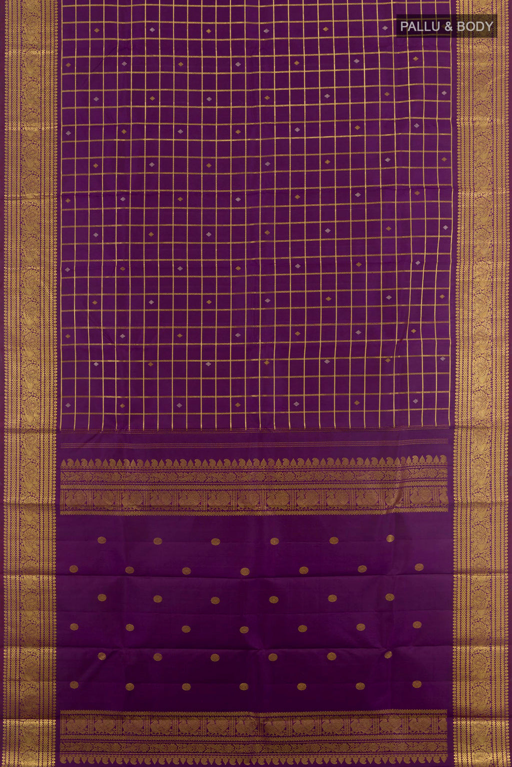 Flat view of Purple Kanjivaram Silk Saree with Zari Butta on the body and Zari Border. 