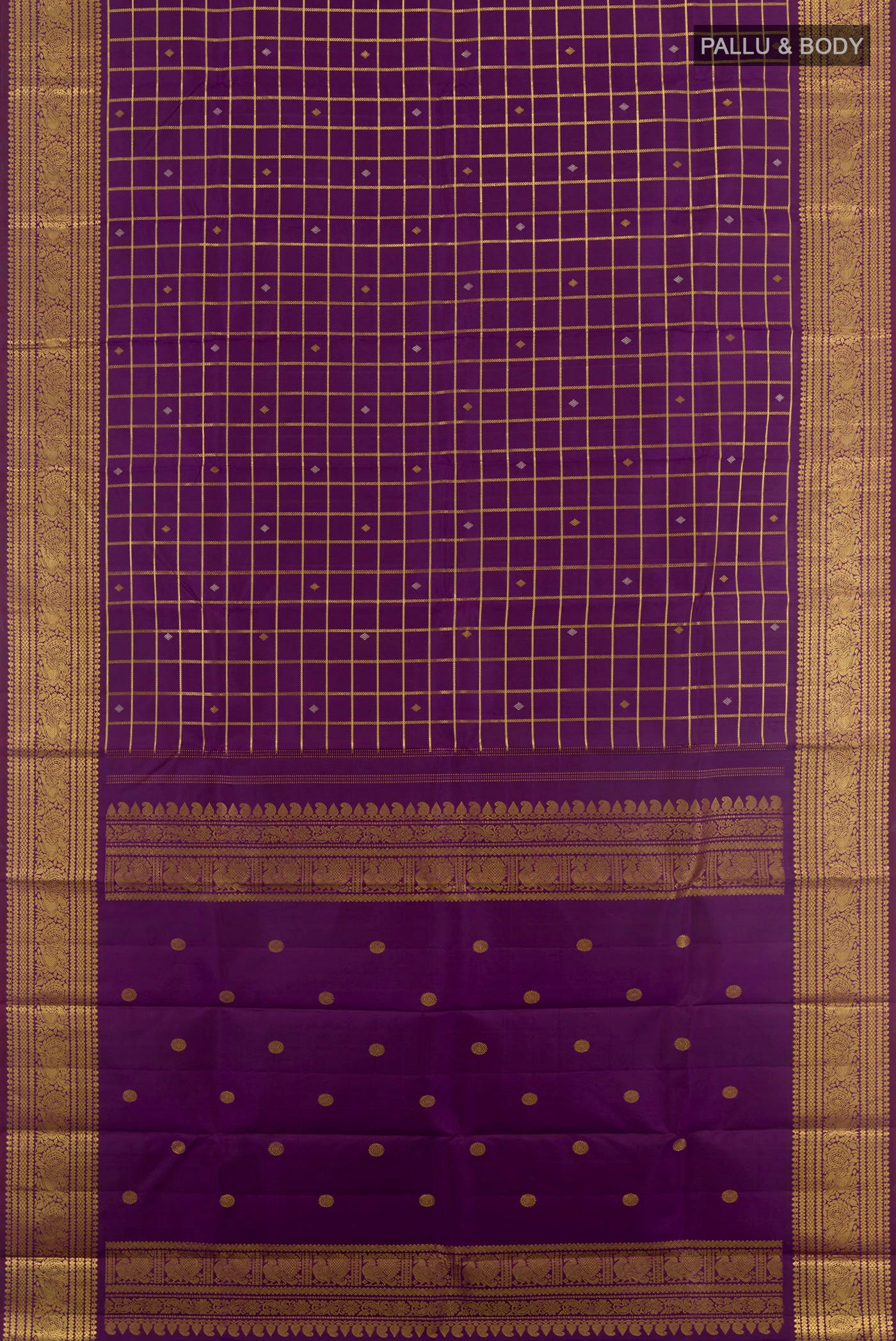 Flat view of Purple Kanjivaram Silk Saree with Zari Butta on the body and Zari Border. 