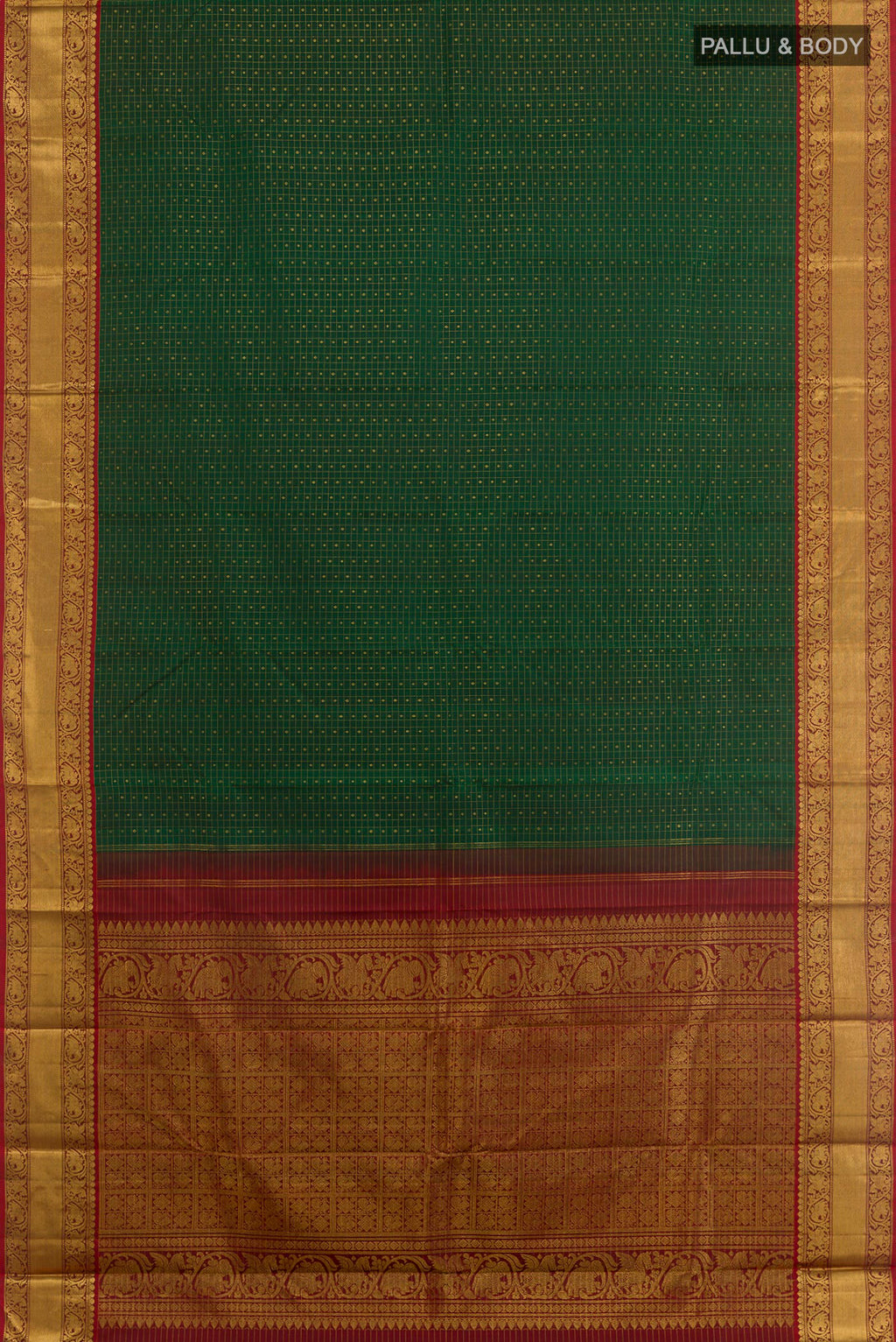 Flat view of Green Kanjivaram Silk Saree with Zari Butta on the body and Zari Border. 