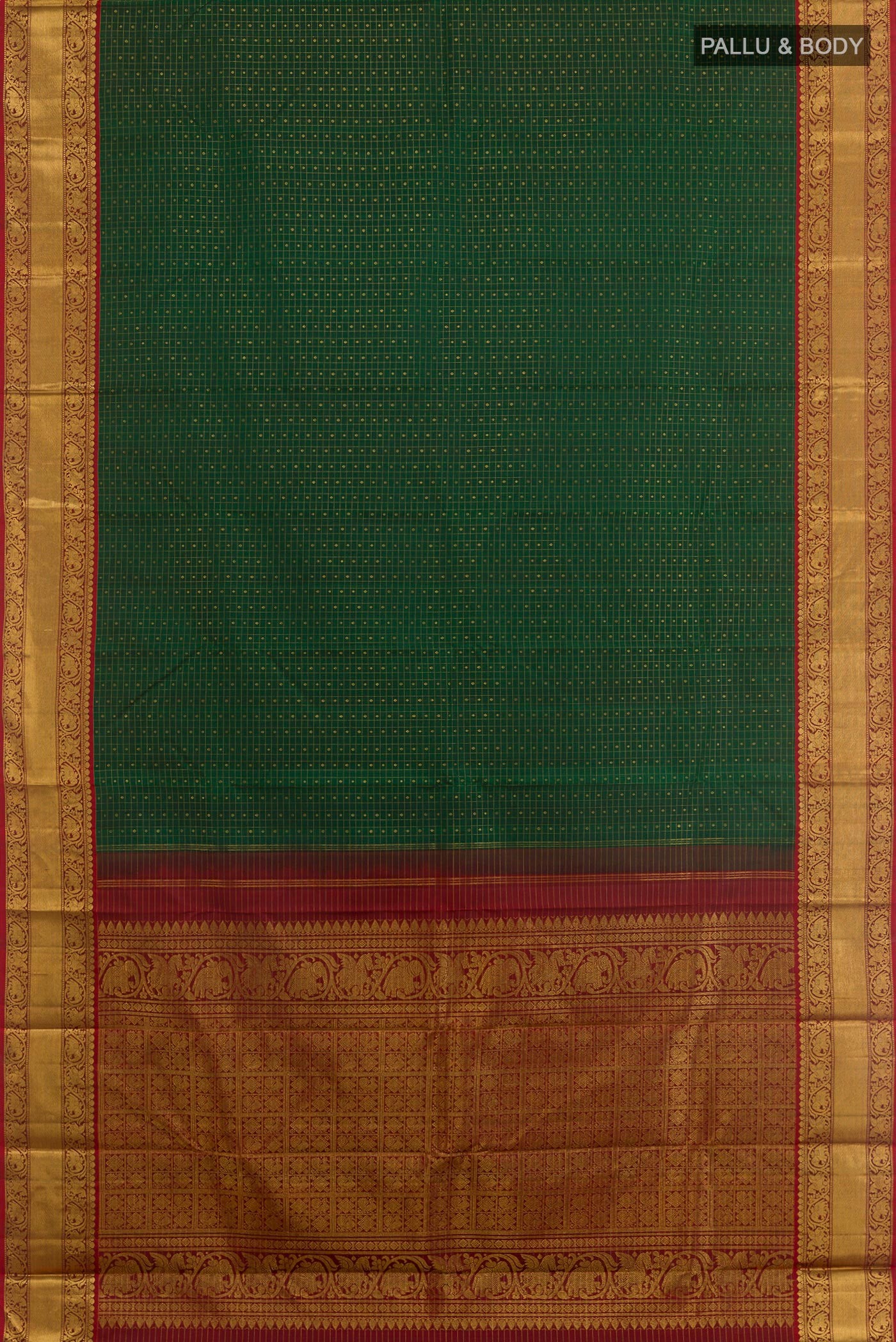 Flat view of Green Kanjivaram Silk Saree with Zari Butta on the body and Zari Border. 