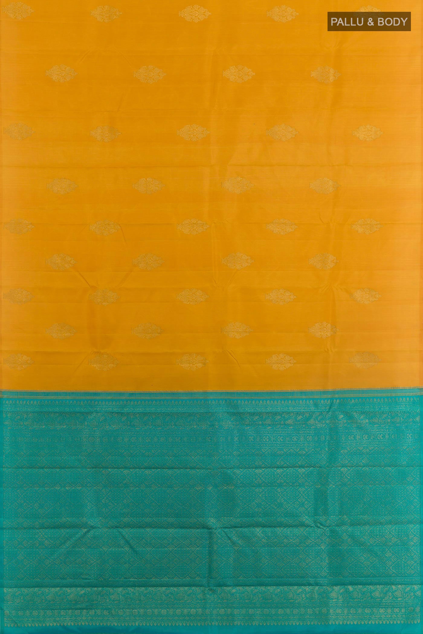 Flat view of Yellow Kanchipuram Silk Saree with Zari Butta on the body and Zari Border. 