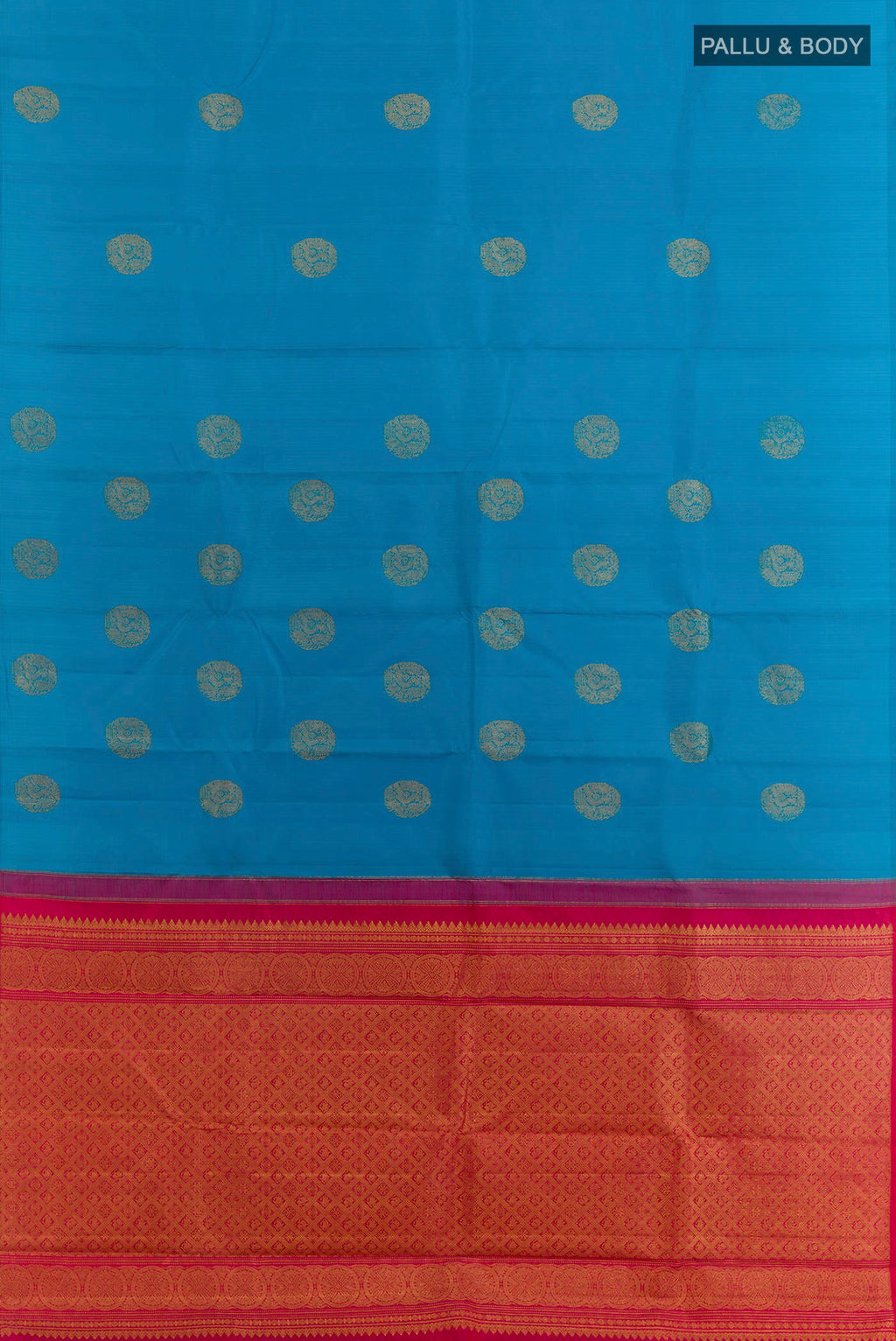 Flat view of Blue Kanchipuram Silk Saree with Zari Butta on the body and Zari Border. 