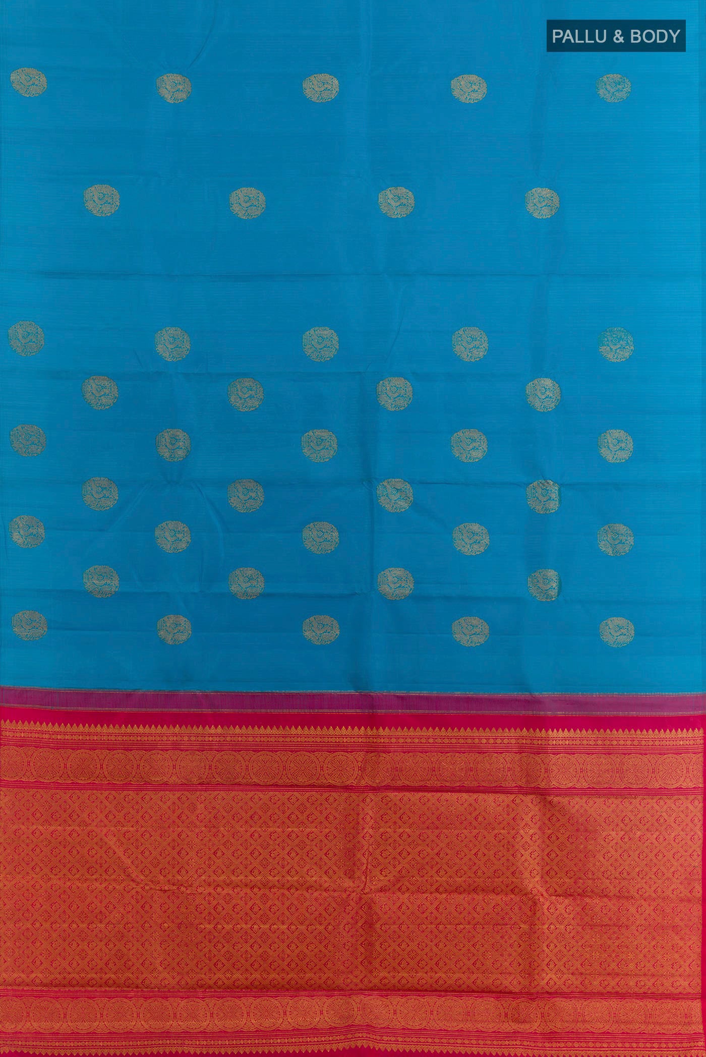 Flat view of Blue Kanchipuram Silk Saree with Zari Butta on the body and Zari Border. 