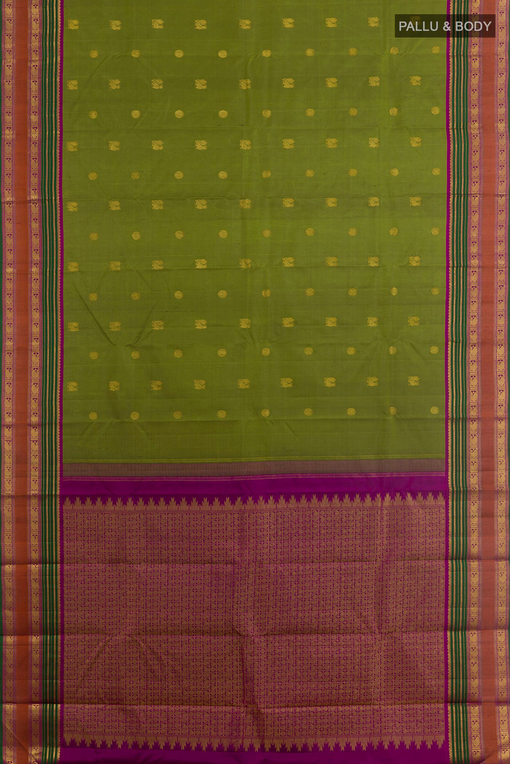 Flat view of Green Kanchipuram Silk Saree with Zari Butta on the body and Zari Border. 
