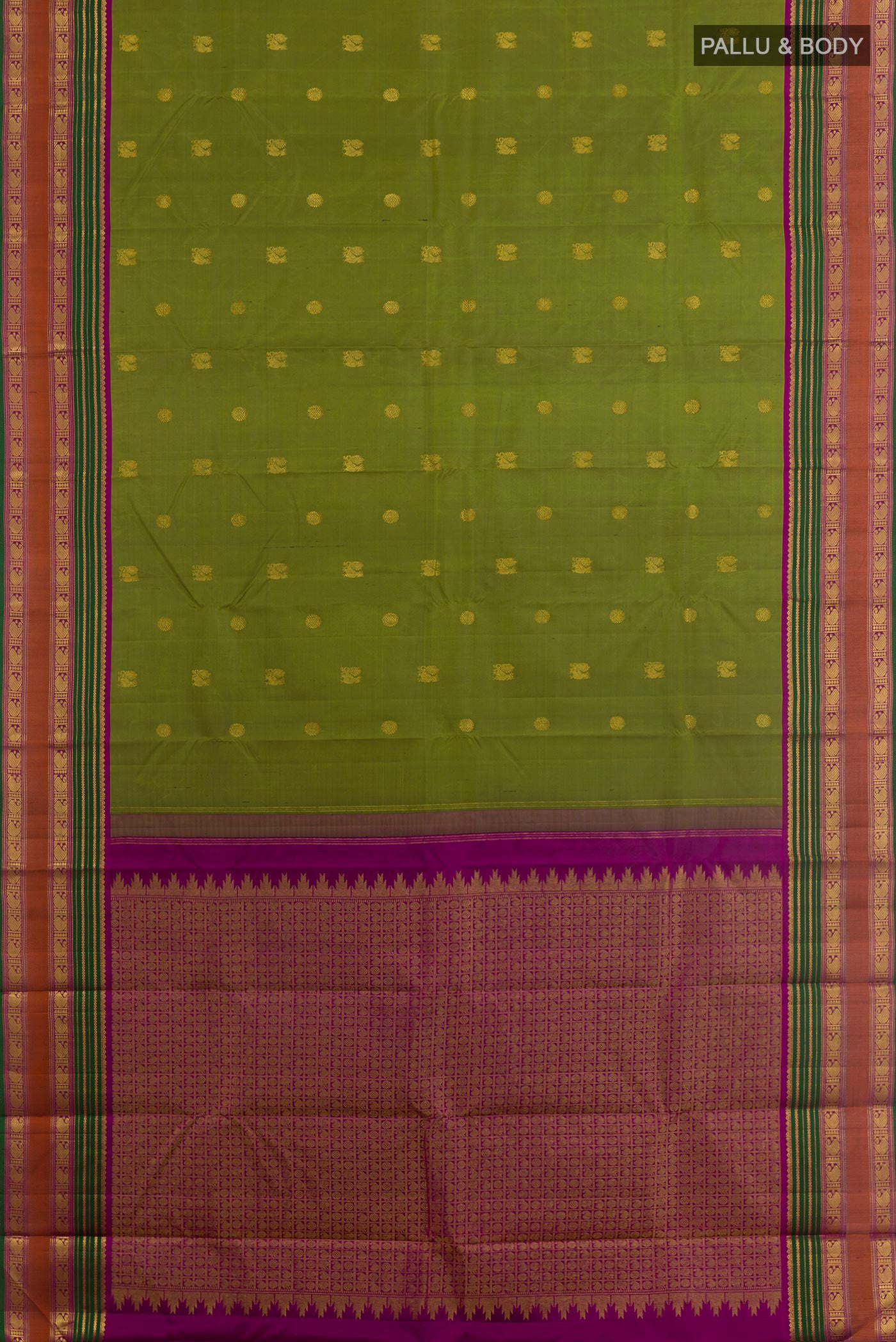 Flat view of Green Kanchipuram Silk Saree with Zari Butta on the body and Zari Border. 