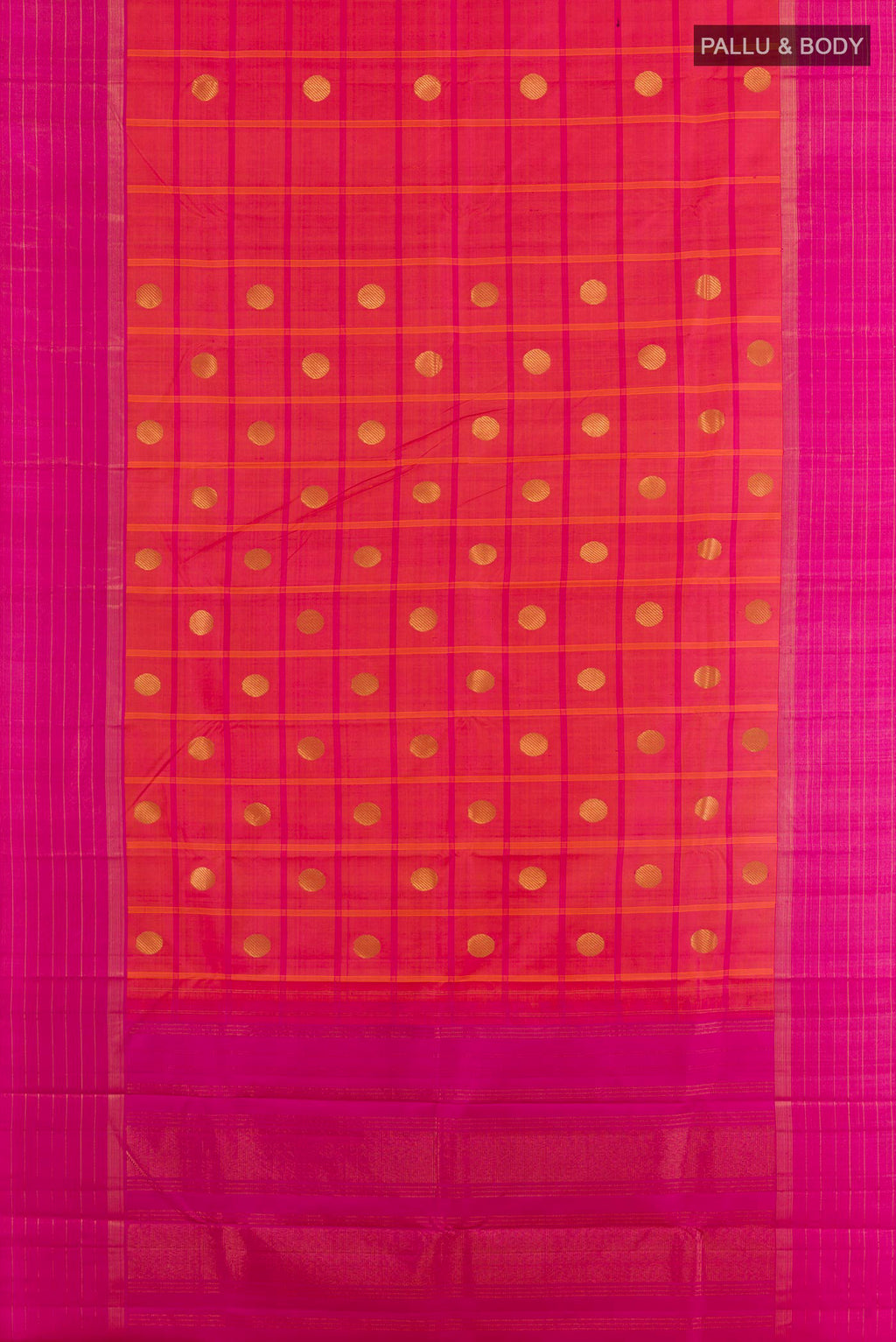 Flat view of Peach Kanchipuram Silk Saree with Zari Butta on the body and Zari Border. 