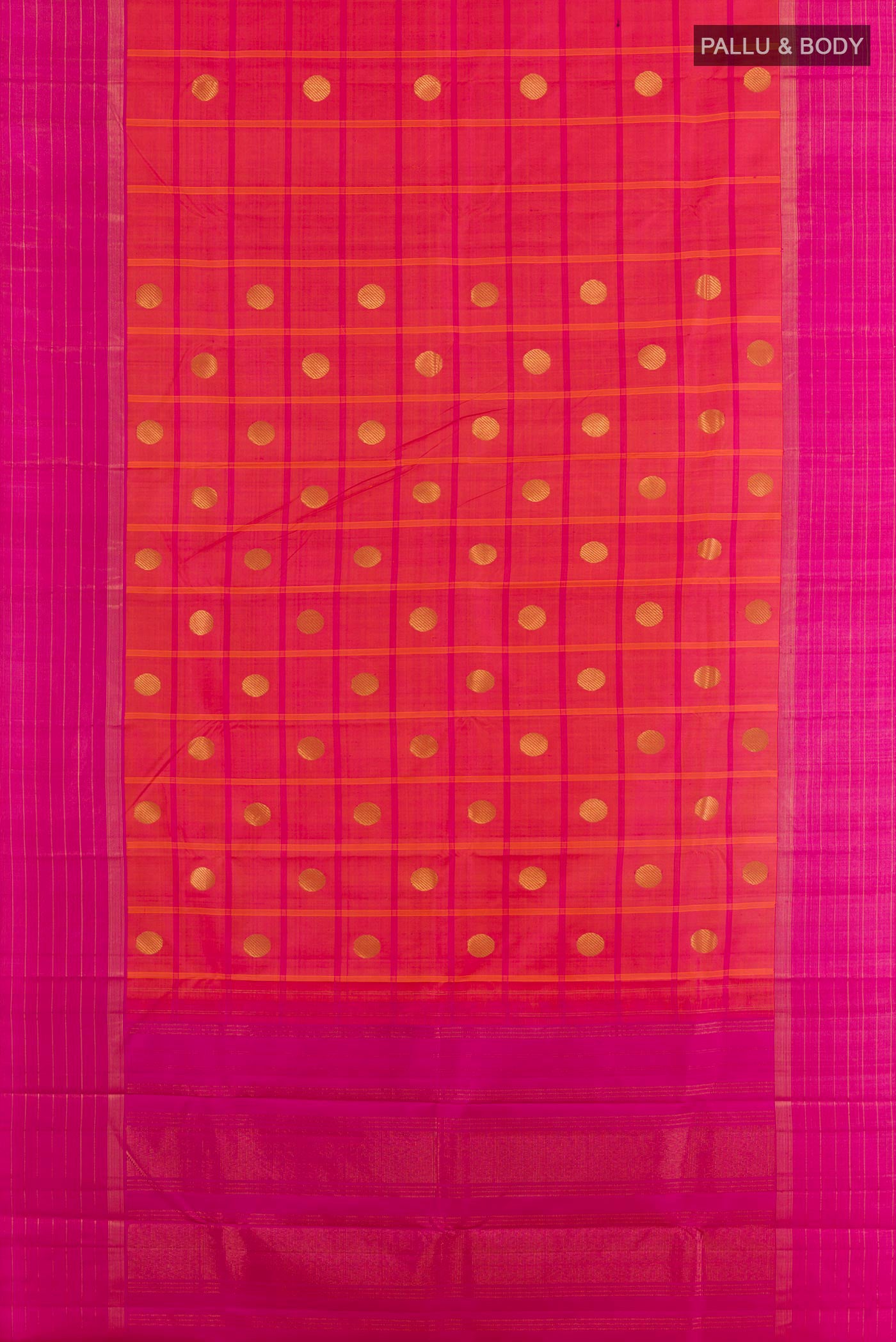 Flat view of Peach Kanchipuram Silk Saree with Zari Butta on the body and Zari Border. 