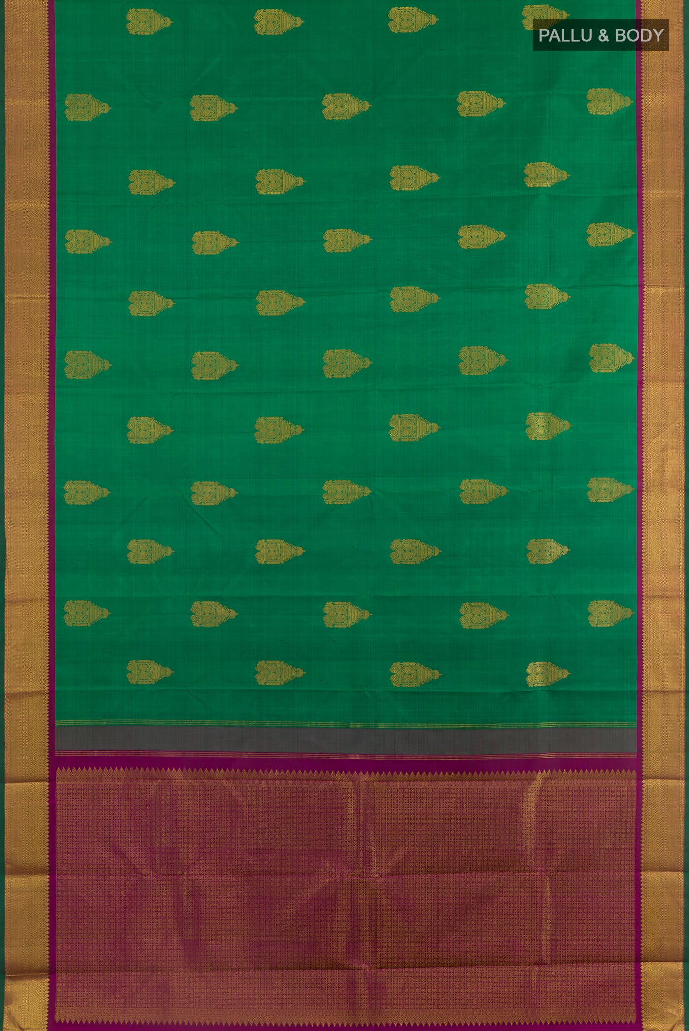 Flat view of Green Kanchipuram Silk Saree with Zari Butta on the body and Zari Border. 