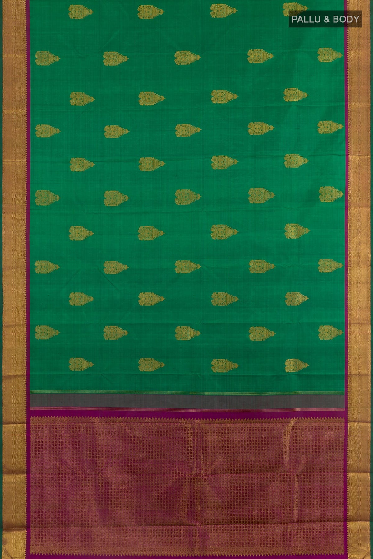 Flat view of Green Kanchipuram Silk Saree with Zari Butta on the body and Zari Border. 